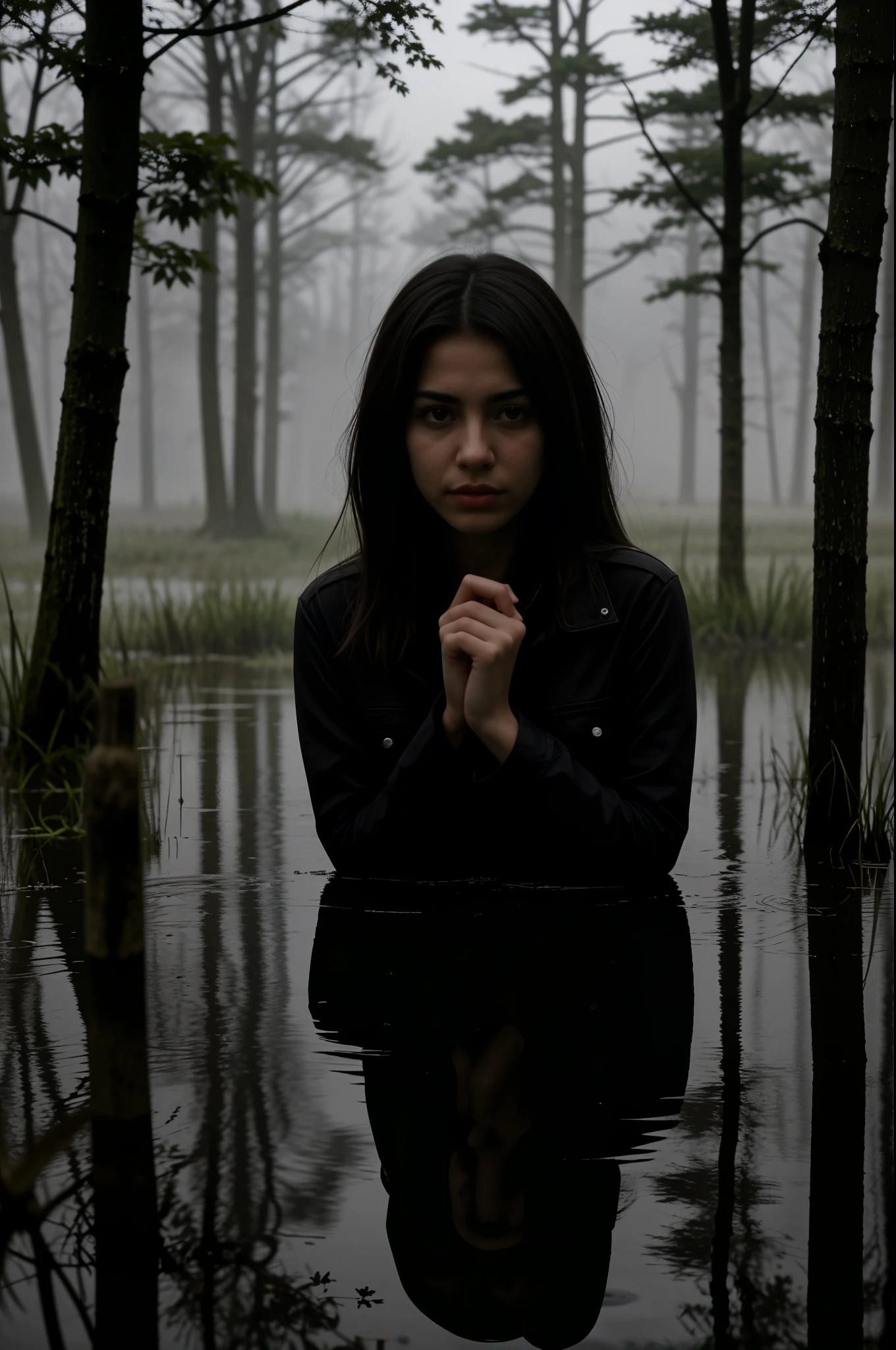 (Mejor calidad,4k,high resolution,realista),retrato,The girl plunged into a deep muddy swamp.,His jeans are soaked with a thick layer of sticky mud.,ambiente salvaje y espeluznante,oscuro y misterioso,foggy atmosphere,soft lighting,vivid colors,Reflection in the swamp,inquieto y vulnerable