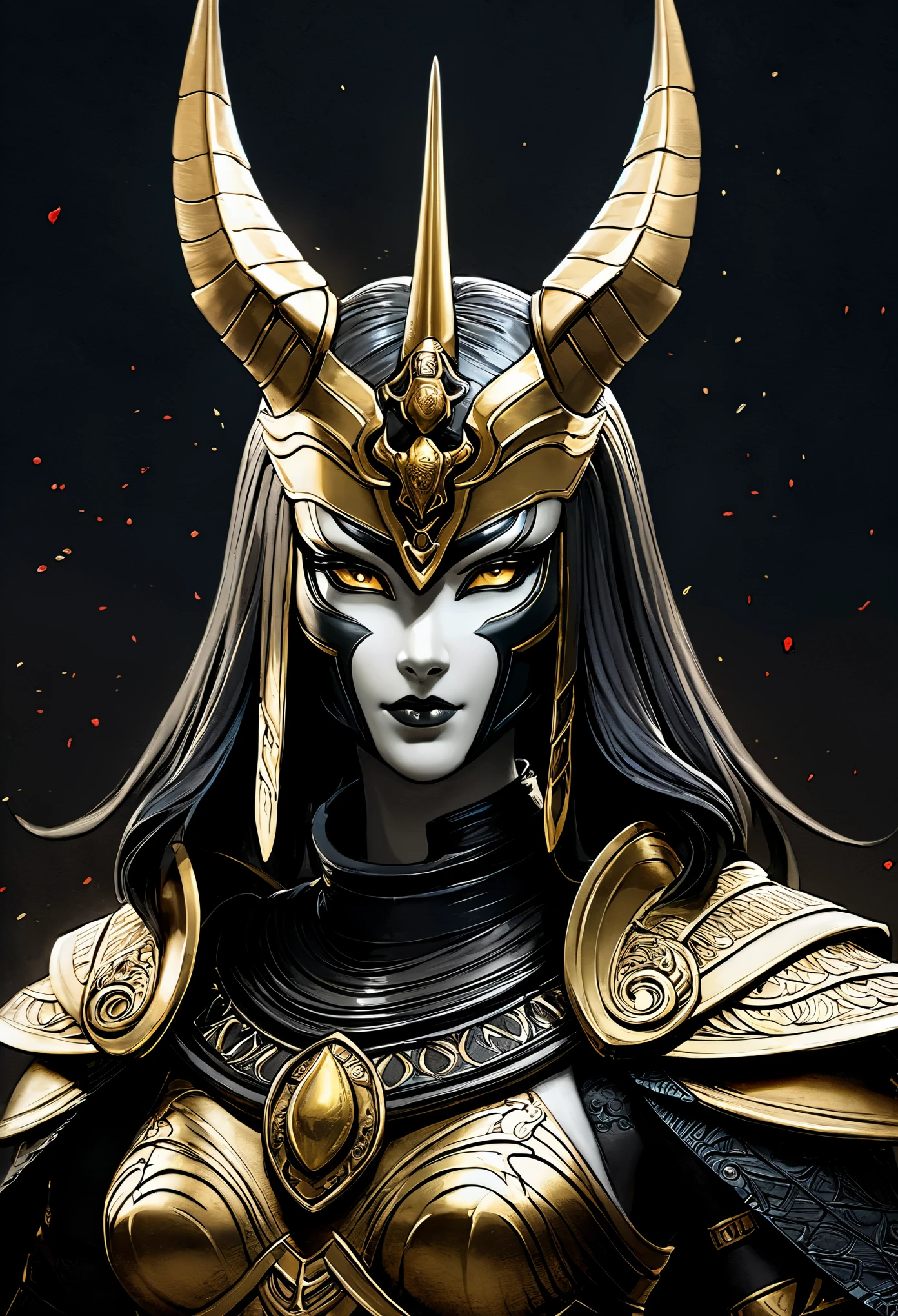 There is a picture of figures, The painting depicts an animal with a golden head and horns, portrait of dragoon, Mysterious Anubis Valkyrie, Super detailed fantasy characters, Robot dragon portrait, Sleipnir&#39;s photo, ghost of anubis, 4K details fantasy, Polaroid Counting Trends, zbrush contest winner, Draw with zbrush, zbrush central contest winner, horse warrior, (The whole body is covered with blood:3)