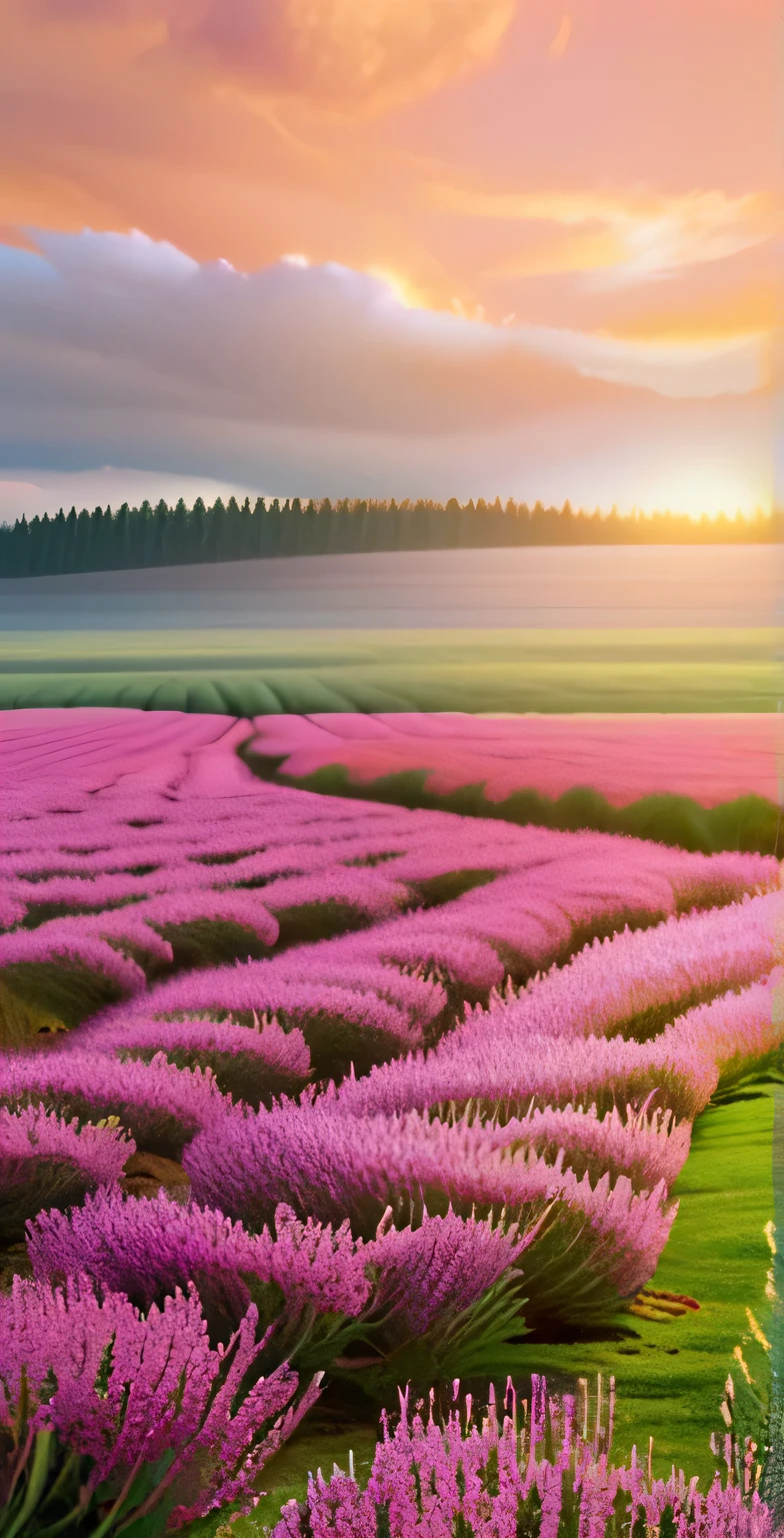 realistic photo, masterpiece, a spring morning at sunrise with the sweet scent of life, in an open meadow, hyper realistic, UHD, 8K, realistic