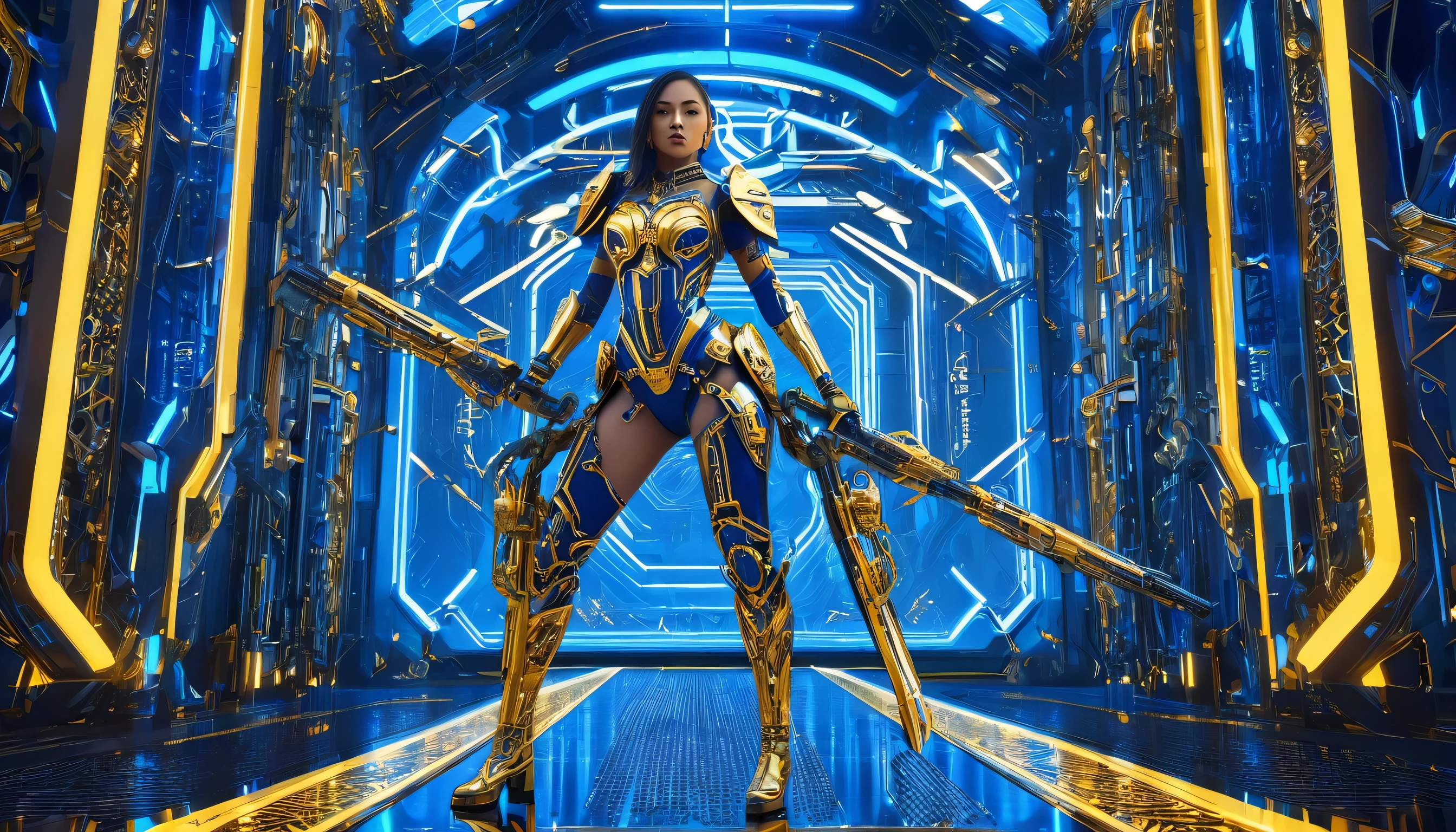 Futuristic female warrior dressed in blue and gold wielding a chain weapon with cybernetic enhancements seen in a sophisticated mechanical environment, glowing neon accents, Positioned on a reflective metal surface that reflects her posture, Surrounded by advanced civilization buildings decorated with interlocking gears and circus-like symbols., Bathed in blue ambient light, digital rendering, HDR Ultra Hyper Realistic 16k, Volume