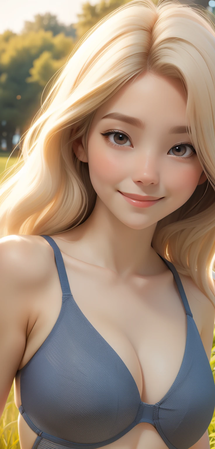 dynamic lighting, sunny fields)), (Lovely:1.3), blonde hair, (pale skin:1.1), (gentle smile:1.1), Detailed face, Detailed gray eyes, Delicate skin texture, High cut split swimsuit，In the park, sunshine, author：Ilya Kuvshinov, Nina Masik, sharp focus, natural lighting, subsurface scattering, f2, Gorgeous, 35mm, Luminism, light, Wide-angle lens, retina, textured skin, anatomically correct, best quality, Award-winning