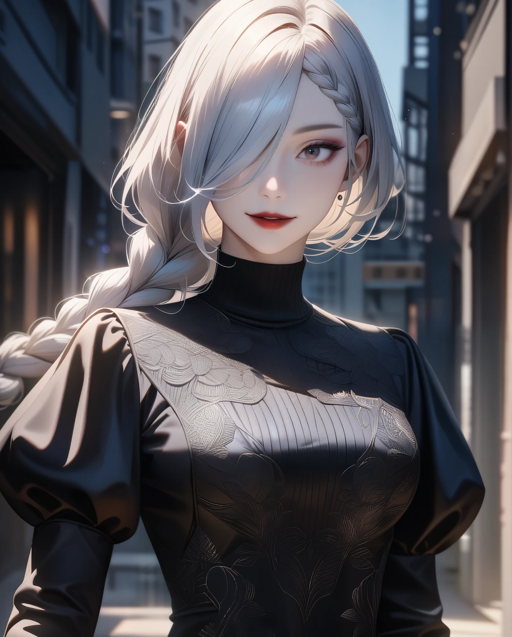 ultra realistic 8k cg, masterpiece, ((ultra detailed background, delicate pattern, intricate detail)), (highly detailed, fine details), best quality, 1girl,beautiful lighting, absurdres, RAW photo, film grain, ((medium breasts, slim girl)), 1girl, Mei Mei, Jujutsu Kaisen, solo, long hair, light blue hair, braid, dress, hair over one eye, smile, long sleeves, braided bangs, black dress, braided ponytail, white hair, puffy sleeves, holding, turtleneck dress, makeup, grey hair, red lips, one eye covered, lipstick, parted lips, single braid, (complex detailed background, outside, urban environment),