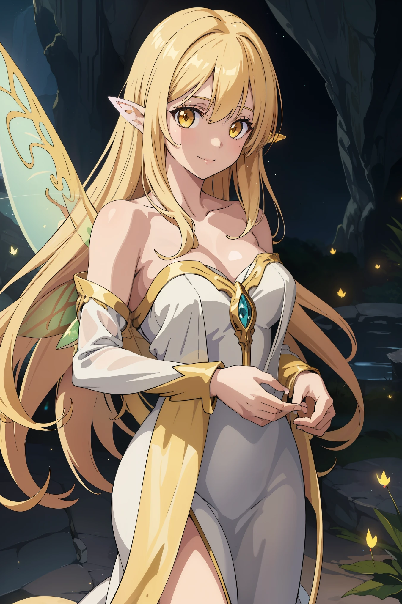 (masterpiece, best quality, anime style, hdr, cinematic:1.2), 1girl, looking at viewer, cowboy shot, fairy, ((very_long_hair, golden blonde)), glowing yellow eyes, smile, (((fairy wings))), inside_cave, fountain, white gown, ((glow, dust particles)), parted bangs, bare shoulders, bare neck