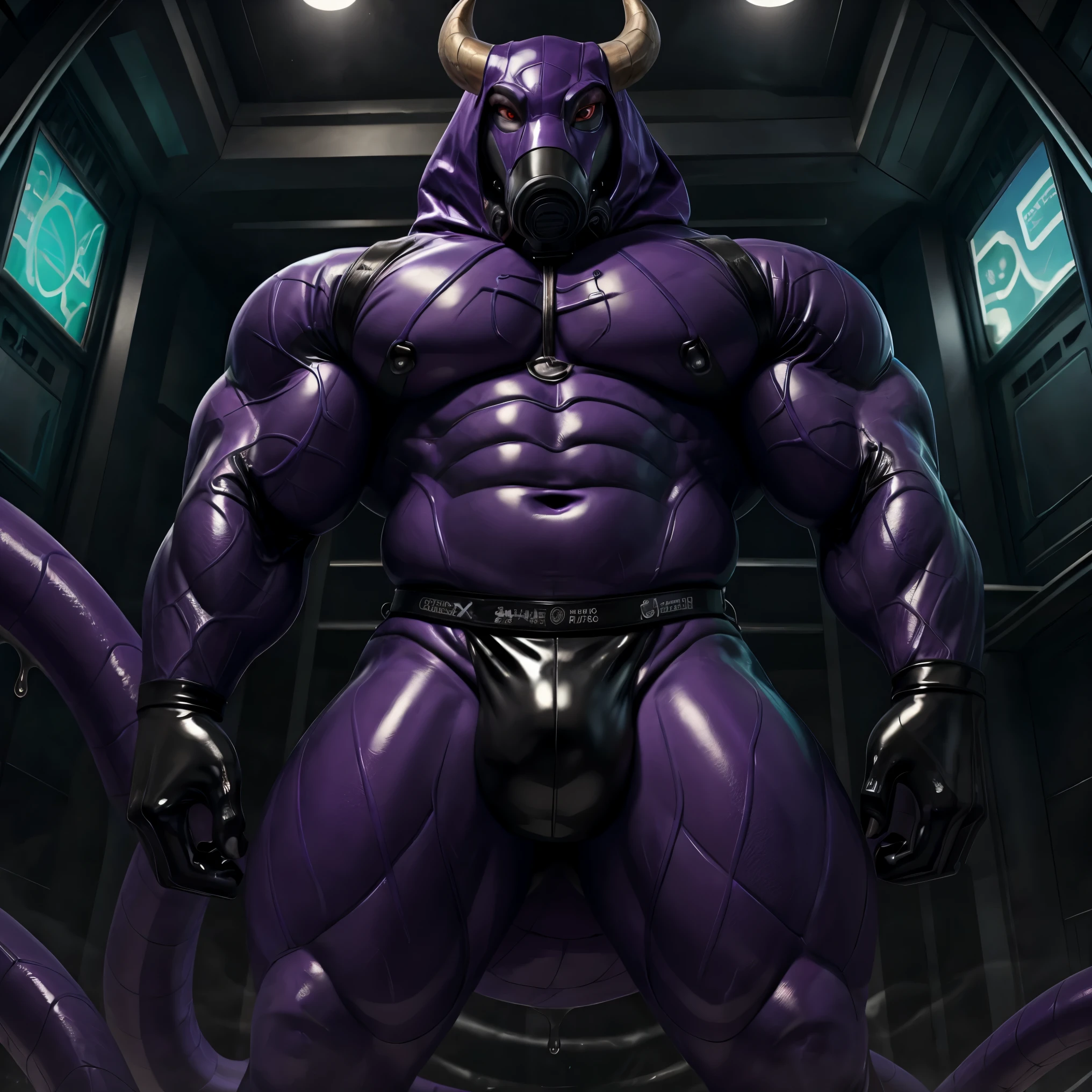 ((Masterpiece, best quality, 4k)) furry, male, gay, standing {one gigantic muscular purple snake Naga made of shiny latex and slime, with a humanoid torso and arms with purple scales and a black underbelly as well as large bull horns, a cobra hood, and red eyes that are behind a thick gas mask, is opening a seam that goes down his chest that opens to a mass of thick tentacles}, crotch focus, (low angle camera)