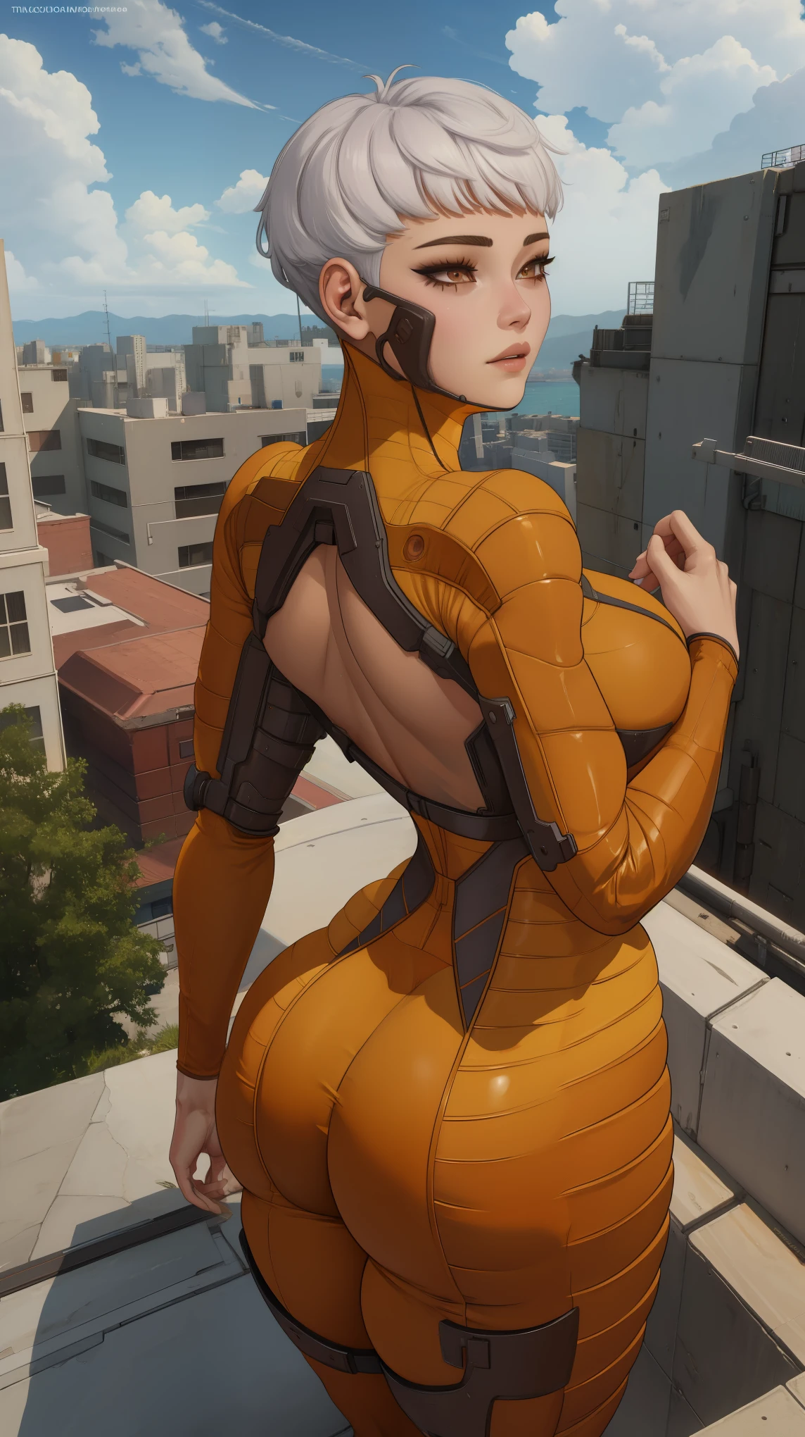 valkapl,white hair,short hair,brown eyes, 
orange bodysuit, 
upper body, standing, 
outside,clouds,rooftop,
(insanely detailed, beautiful detailed face, beautiful detailed eyes, masterpiece, best quality) 
 Back view, ass view, looking back, sexy thicc figure 