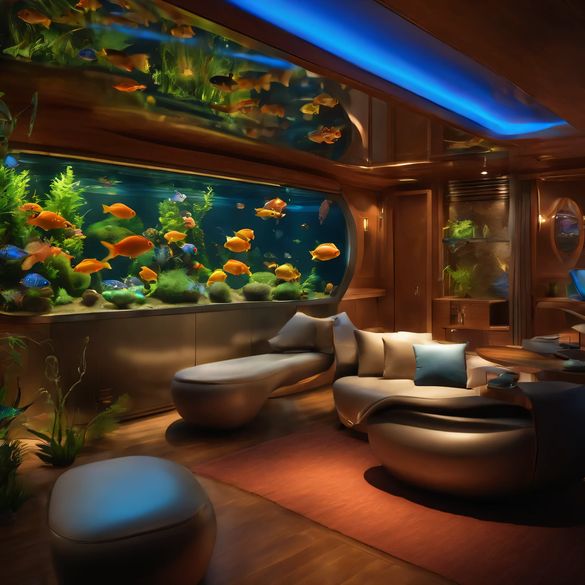 futuristic cozy interior design with high level of detail, one wall consists of a fish tank in shape of a semi truck loaded with colorful fish, HDR, --ar 16:9 --s 750 --v 5.1