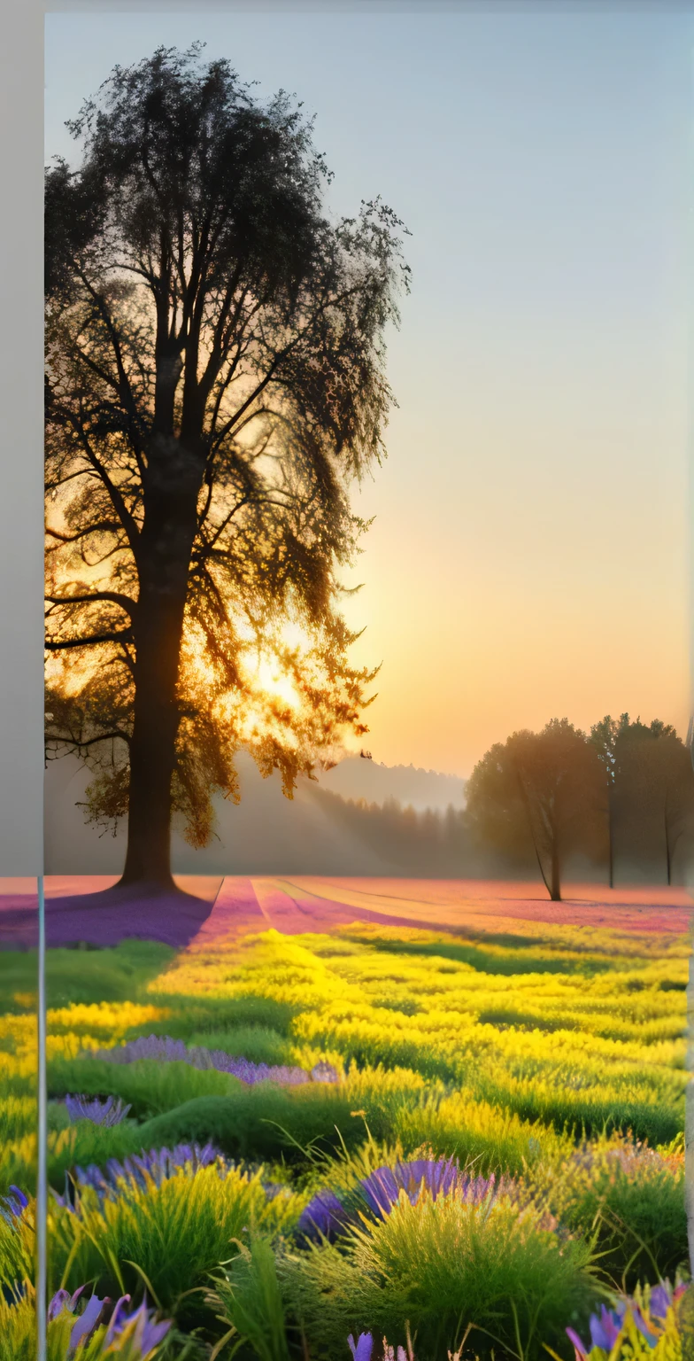 realistic photo, masterpiece, a spring morning at sunrise with the sweet scent of life, in an open meadow, hyper realistic, UHD, 8K, realistic