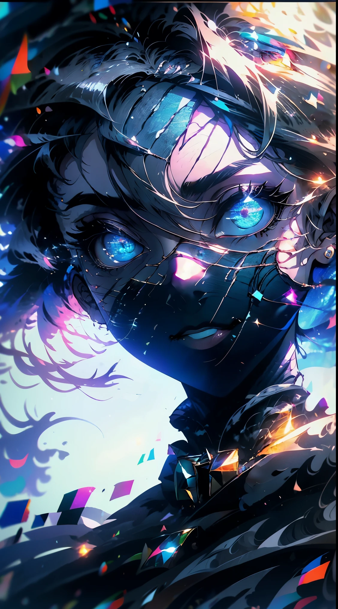 obra maestra, Mejor calidad, obra maestra, calidad divina, arte divino, Cara muy detallada, Muy realista, de cerca, solo cara, lindo, ojos grandes, long eyelashes, neon hair, neon lighting, neon eyes, neon sun, neon moon, neon theme, cielo estrellado, estrellas en el fondo, halo brillante,