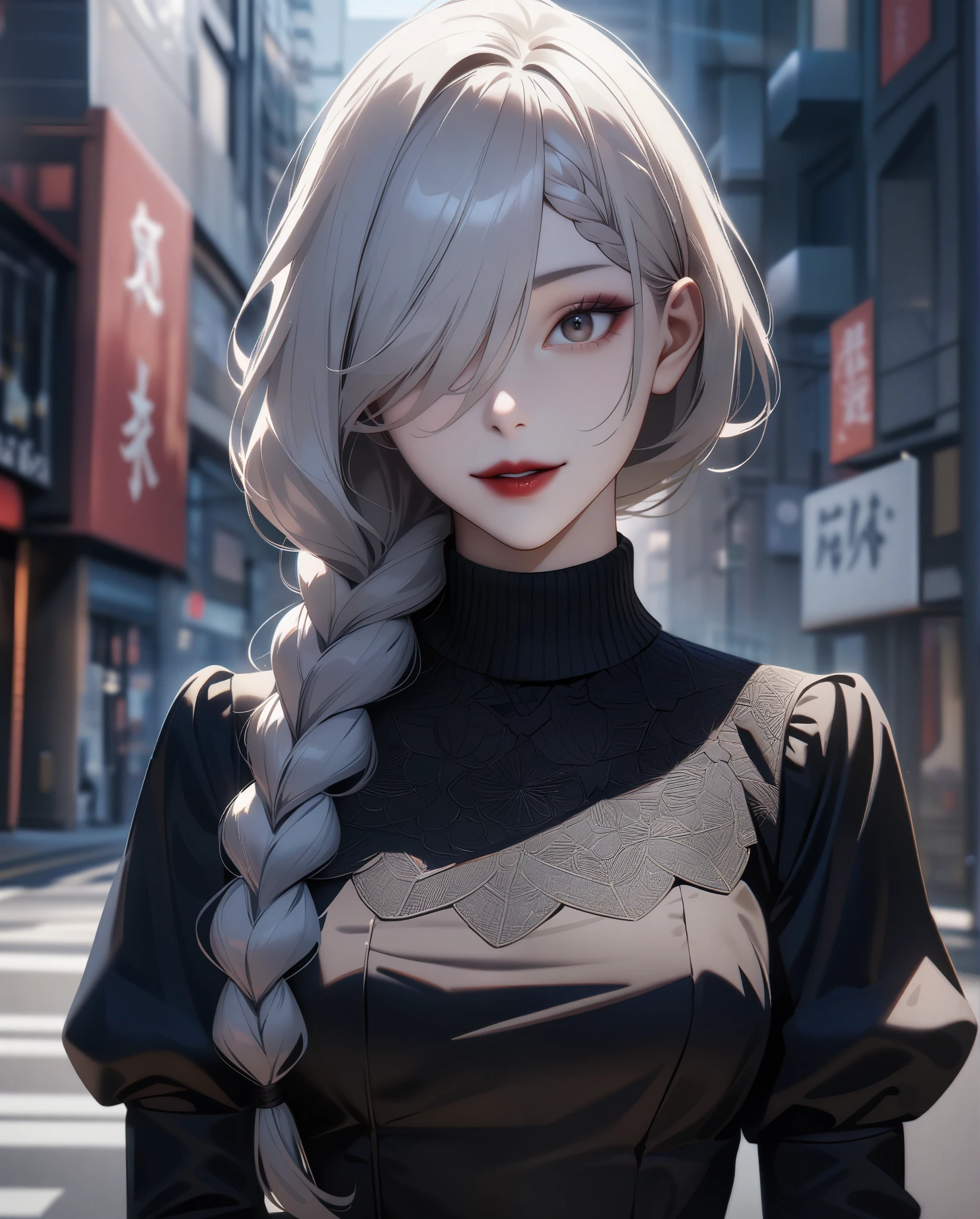 ultra realistic 8k cg, masterpiece, ((ultra detailed background, delicate pattern, intricate detail)), (highly detailed, fine details), best quality, 1girl,beautiful lighting,  absurdres, RAW photo, film grain, ((medium breasts, slim girl)), 1girl, Mei Mei, Jujutsu Kaisen, solo, long hair, braid, dress, hair over one eye, smile, long sleeves, braided bangs, black dress, braided ponytail, white hair, puffy sleeves, holding, turtleneck dress, makeup, grey hair, red lips, one eye covered, lipstick, parted lips, single braid, (complex detailed background, outside, urban environment),