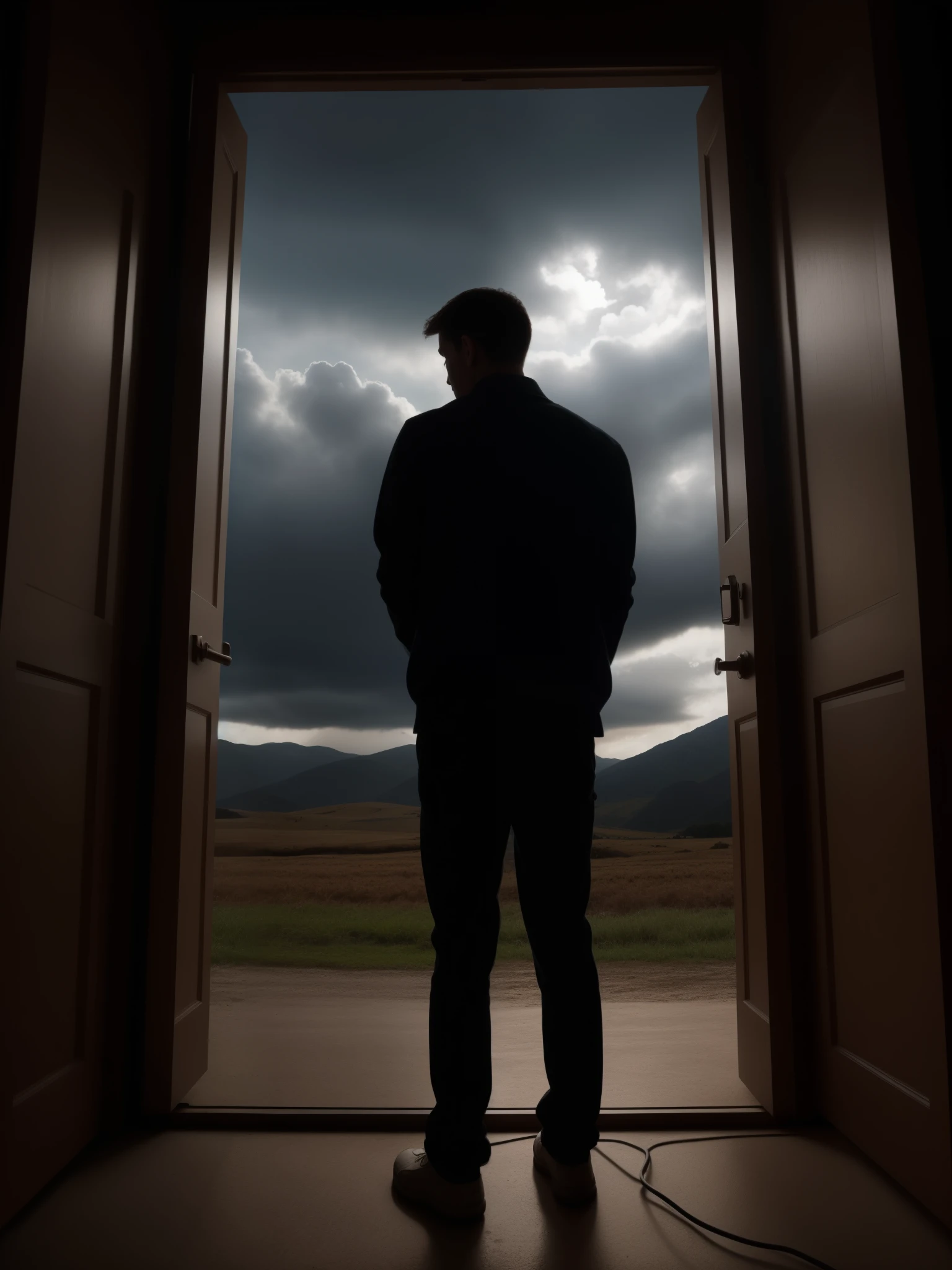 UHD, 4k, ultra detailed, cinematic, a photograph of Juxtaposition of a man standing in front of two open doors in field with cloudy sky above,solo,short hair,brown hair,black hair,1boy,standing,male focus,outdoors,sky,cloud,night,cloudy sky,night sky,scenery,door,lamp,dark Juxtaposition, artistic, photography, dramatic light, dramatic shadow light, contrast, saturated color, cinematic, filmic, photographic, realistic, realism, perfection, perfect, Juxtaposed, opposite, different things, side by side, syncretism, antithesis, Juxtaposition style, epic, beautiful lighting, inpsiring