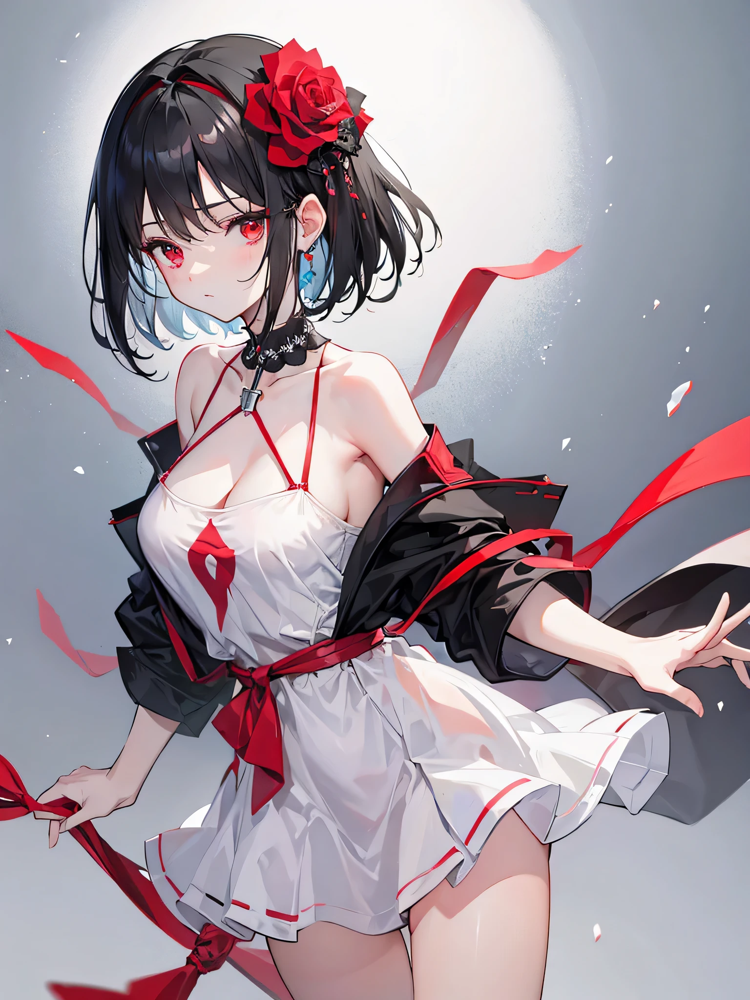 short black hair,Red eyes,rose headband,Cross pendant,Open your mouth slightly,,White and gray low-cut off-the-shoulder dress,sleeve,White single piece,Hold your chest with one hand,Place one hand flat at your side,Squeeze the chest,Wet nipples protrude,