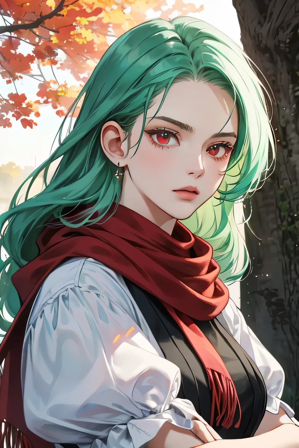 (highest resolution, distinct_image),1girl, Best quality, masterpiece, highly detailed, semi realistic, mint green hair, long hair, 18 years old, mature, young, tall and strong, black comfy dress, tree, cold, serious, tall and handsome, authoritative, powerful, exquisite facial features, exquisite facial features, red eyes, puffy short sleeves, red scarf