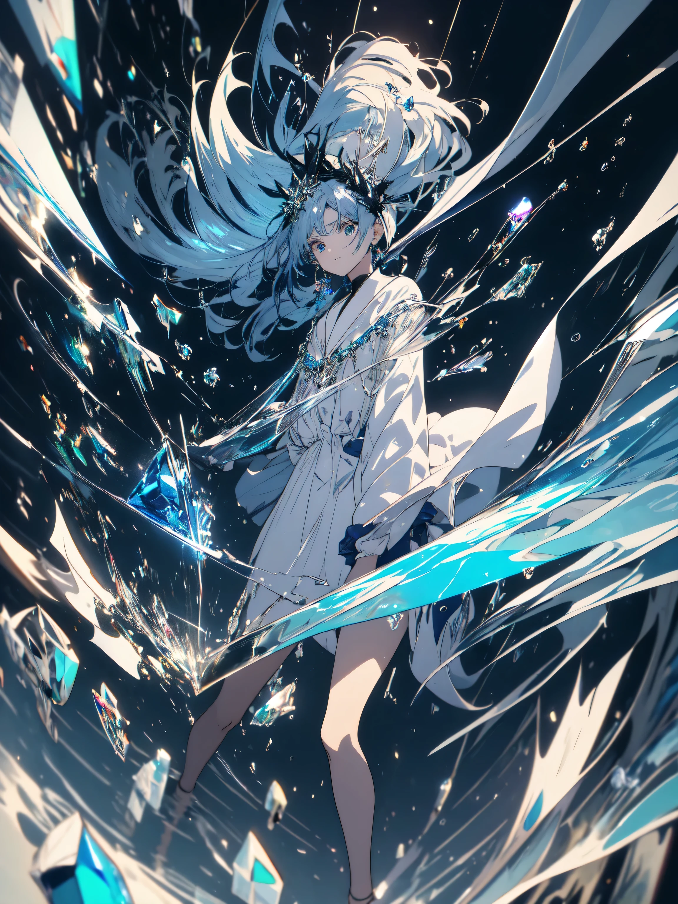 ((masterpiece)), ((highest quality)), 8K, hd, Super detailed, (woman), (white dress with navy blue edges), (Scattered light blue hair shawl), (shining eyes) (Inside the transparent gem 1.6) (Full body display 1.4) 作品はmasterpieceです, Top quality and attention to detail, Captured in 8K HD. (beautiful anime), very detailed illustrations beautiful anime, octane rendering、many mirrors floating.、dynamic angle