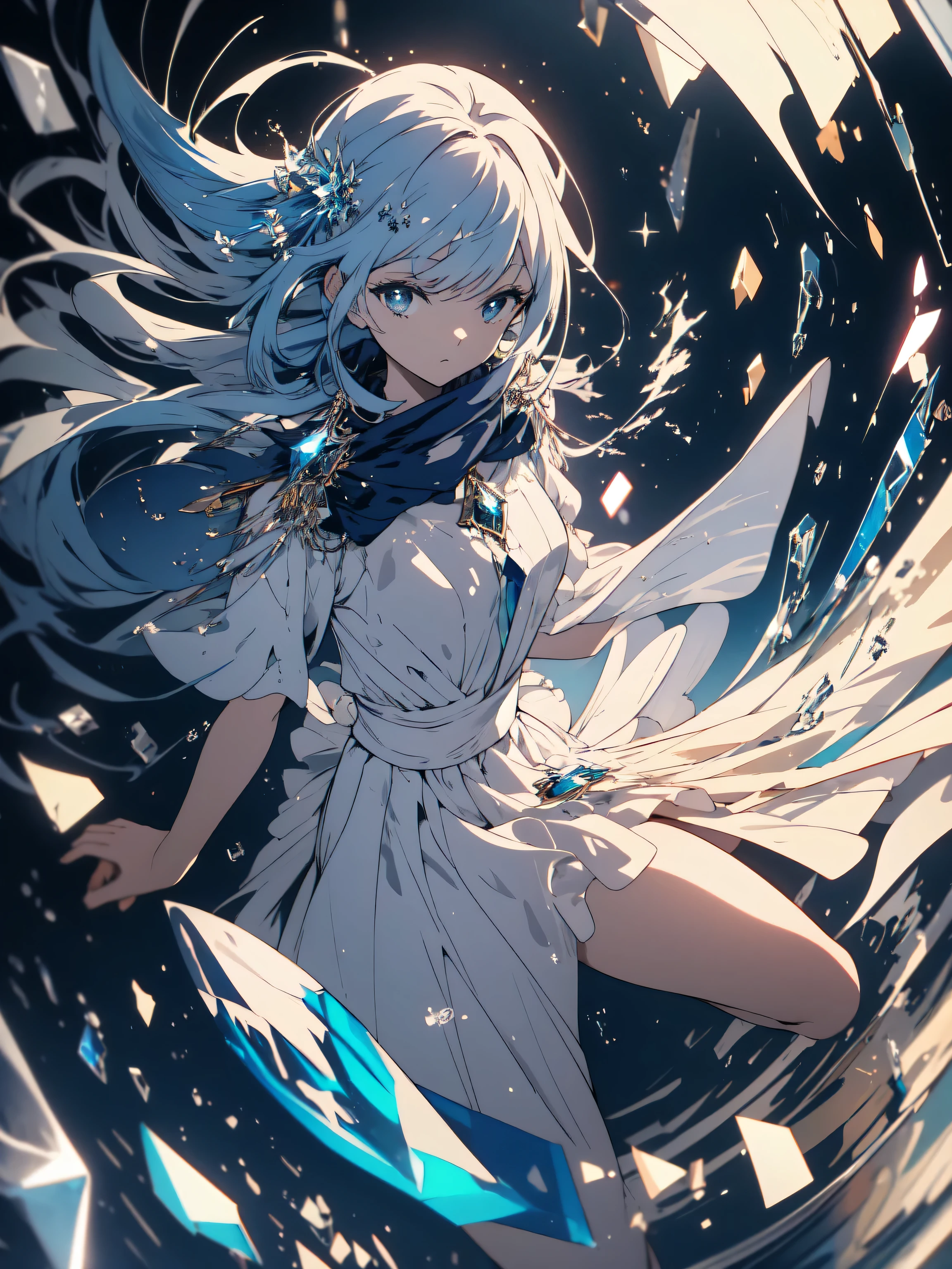 ((masterpiece)), ((highest quality)), 8K, hd, Super detailed, (woman), (white dress with navy blue edges), (Scattered light blue hair shawl), (shining eyes) (Inside the transparent gem 1.6) (Full body display 1.4) 作品はmasterpieceです, Top quality and attention to detail, Captured in 8K HD. (beautiful anime), very detailed illustrations beautiful anime, octane rendering、many mirrors floating.、dynamic angle