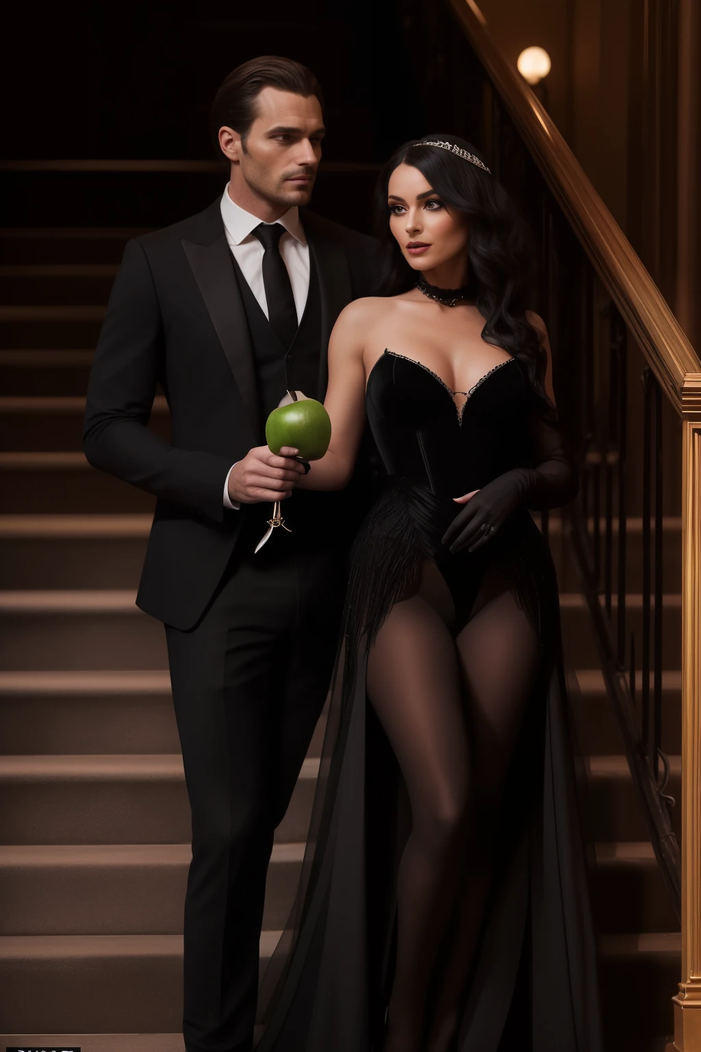 A captivating and mysterious dark romance book cover, featuring a seductive and handsome man in a tailored suit, with a mesmerizing native woman holding an enticing apple in one hand. The man, wearing an open suit jacket, exudes raw sexuality as he gazes intently at the woman. Both figures are adorned with stylish gloves, adding an alluring touch to the scene.
Positioned on an enigmatic staircase, the dynamic duo embodies a fun, exciting, and slightly mysterious atmosphere. The woman, dressed as a seductive witch, with long, cascading curls and captivating emerald eyes, complements the man's brooding charm.