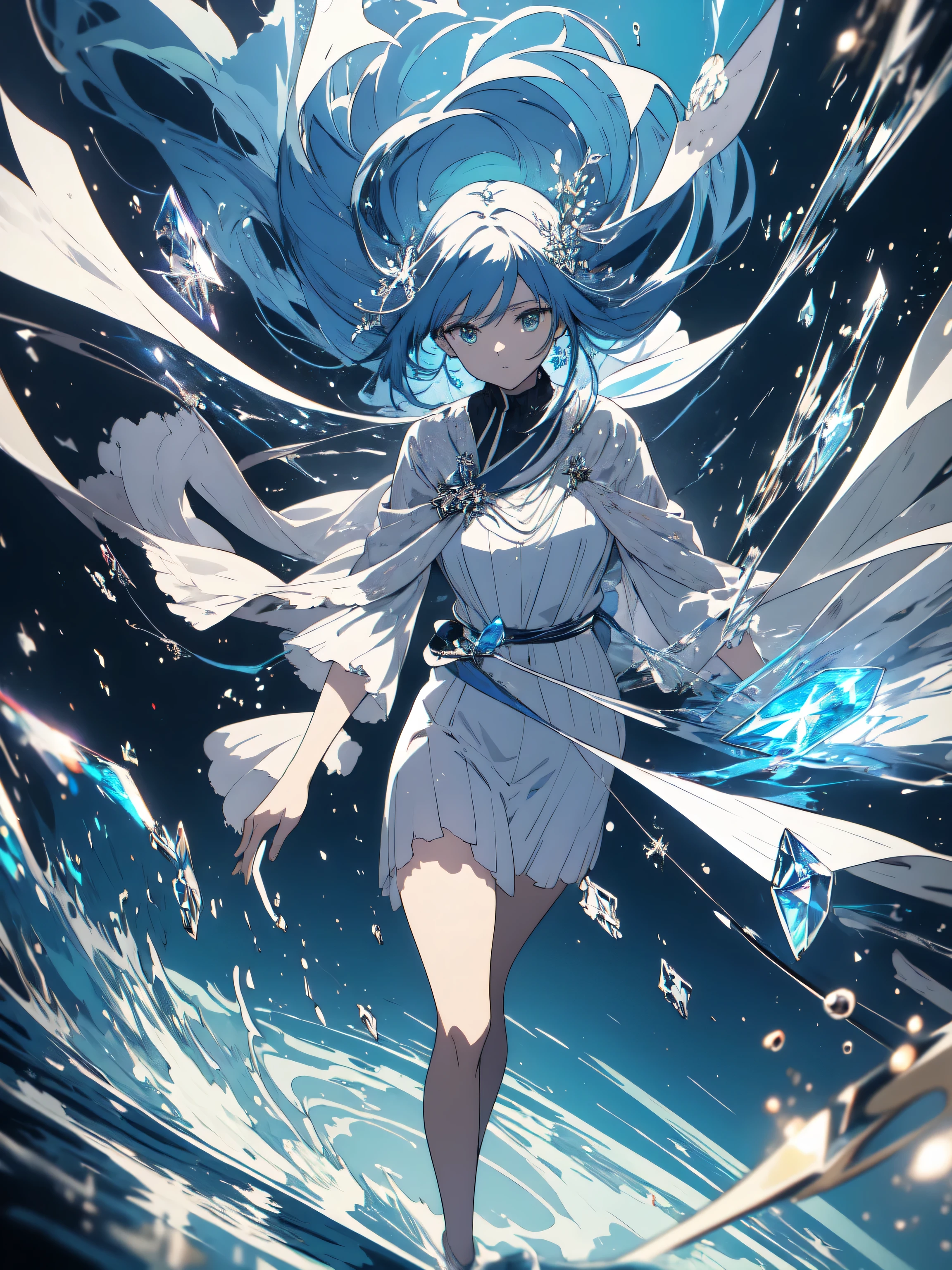 ((masterpiece)), ((highest quality)), 8K, hd, Super detailed, (woman), (white dress with navy blue edges), (Scattered light blue hair shawl), (shining eyes) (Inside the transparent gem 1.6) (Full body display 1.4) 作品はmasterpieceです, Top quality and attention to detail, Captured in 8K HD. (beautiful anime), very detailed illustrations beautiful anime, octane rendering、many mirrors floating.、dynamic angle
