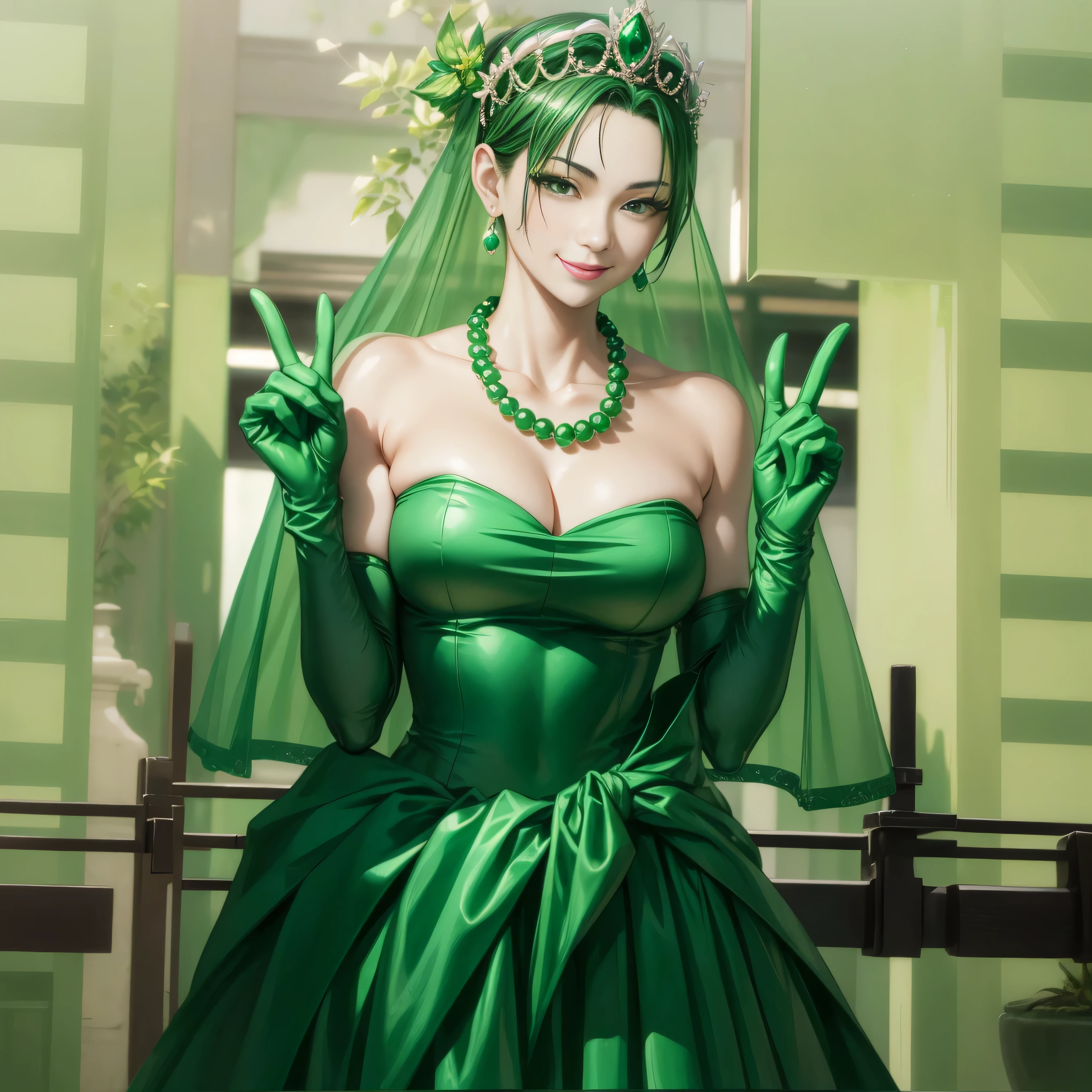 Beautiful Japan woman in her 30s, finger details, beautiful hands,emerald tiara, green pearl necklace, Boyish green berry short hair, lipstick, smiling Japanese woman, very short hair, big breasts beautiful, green eyes, green satin long gloves, green eyes, emerald earrings, green veil, V sign