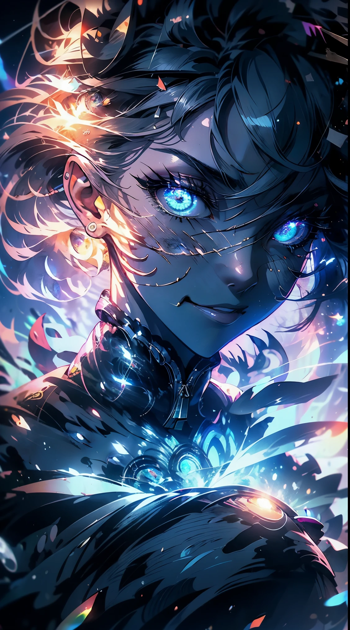 obra maestra, Mejor calidad, obra maestra, calidad divina, arte divino, Cara muy detallada, Muy realista, de cerca, solo cara, lindo, ojos grandes, long eyelashes, neon hair, neon lighting, neon eyes, neon sun, neon moon, neon theme, cielo estrellado, estrellas en el fondo, halo brillante,