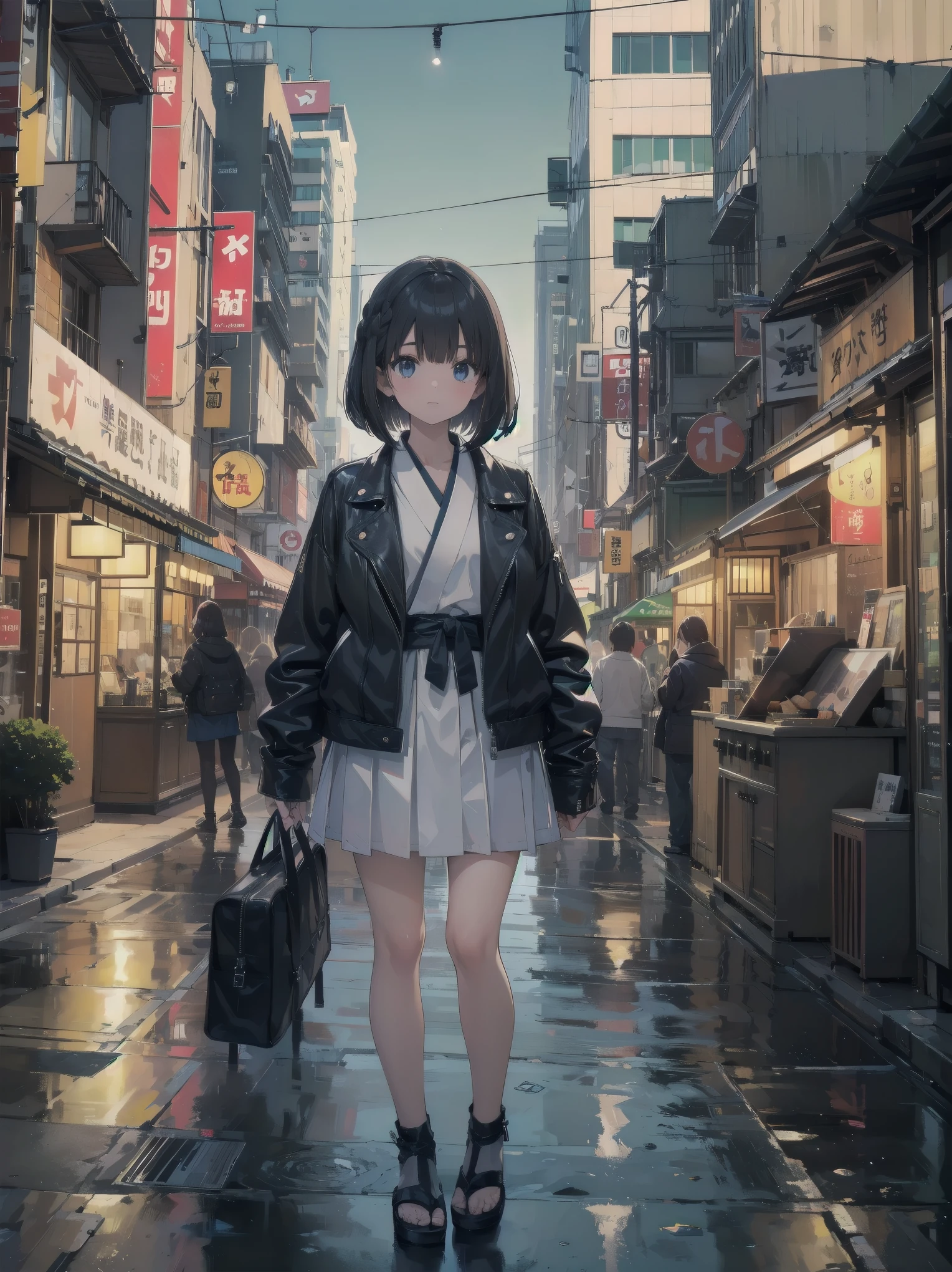 (((city:1.3, outdoor, Photographed from the front))), ((bob cut、braid、ribbon:1.3, leather jacket,brand clothes, japanese woman, cute)), (clean, natural makeup), (highest quality, masterpiece:1.3, 超High resolution), (Super detailed, caustics), (realistic:1.4, RAW shooting), very detailed, High resolution, 16K resolution