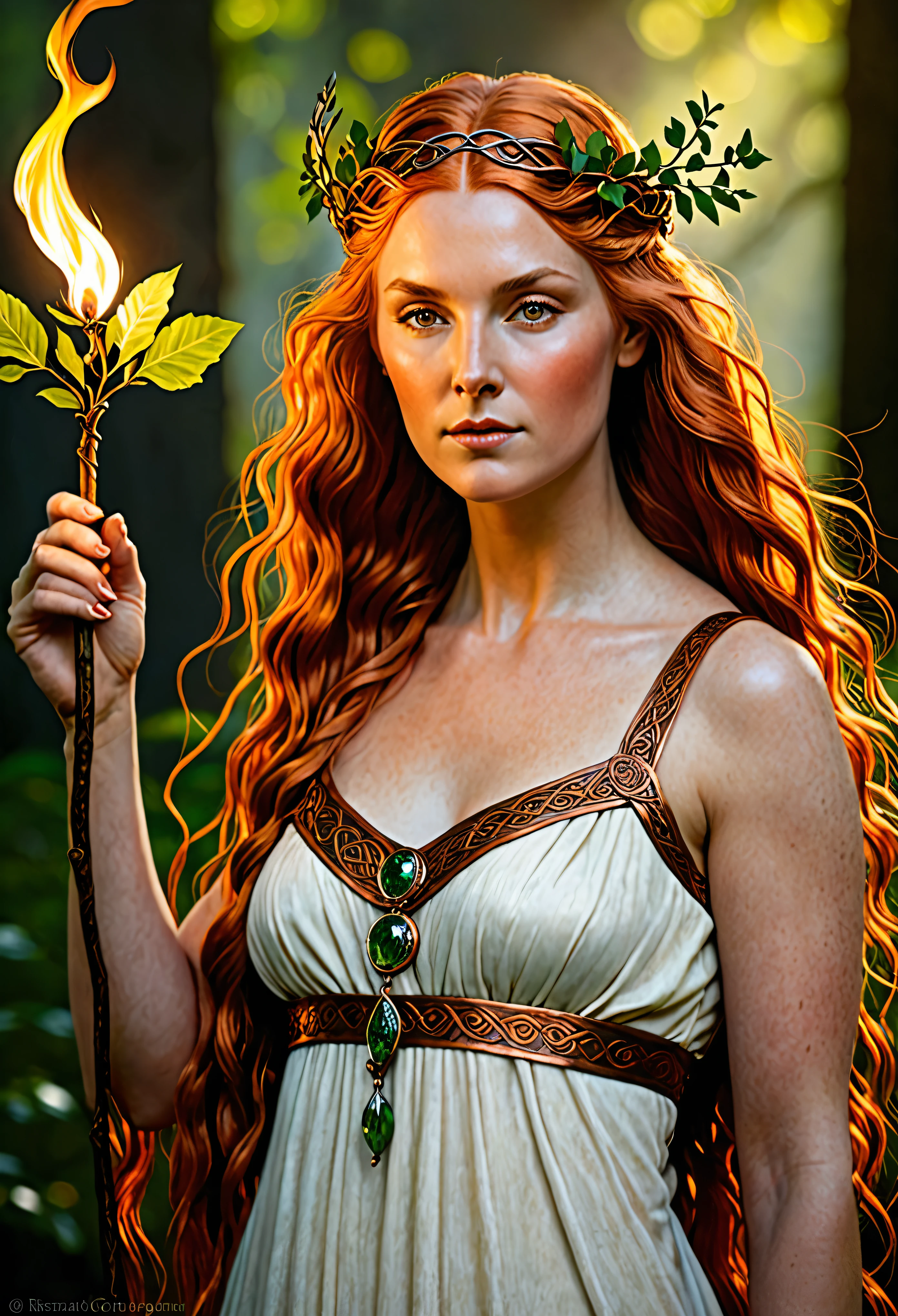 ((Renaissance-work))), Celtic goddess Brigit with copper-colored hair holding a branch of wild slur, flame on top of her head, high quality, ultra-realistic details, perfect lighting, rich texture, vivid painting.