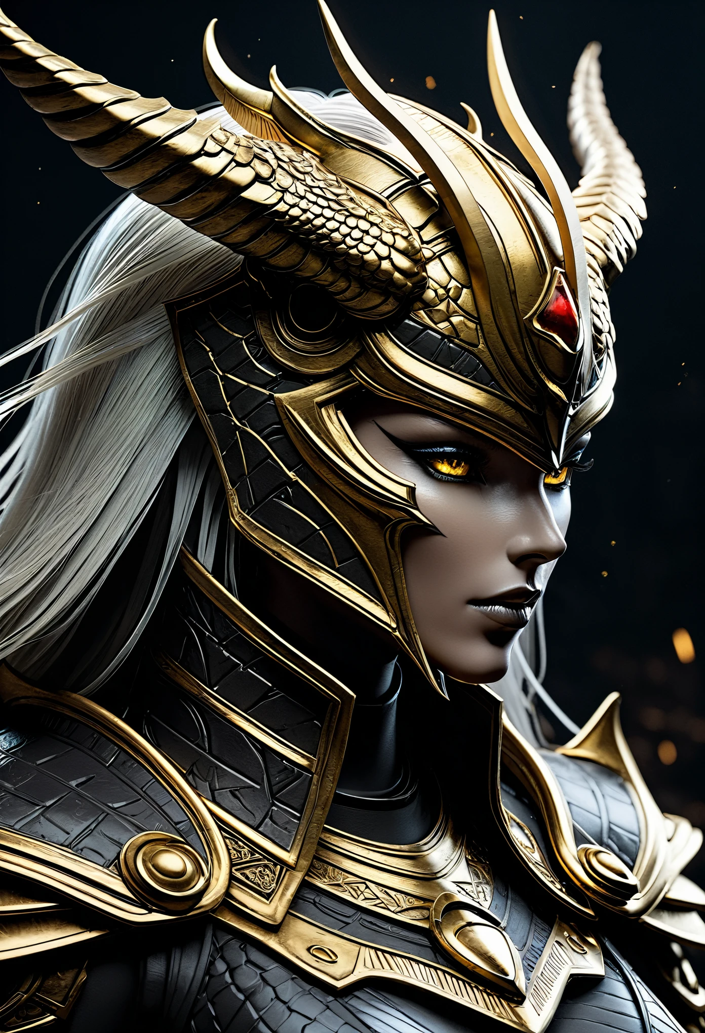 Cinematic lighting, golden-headed creature with horns, portrait of a dragon rider, mysterious Anubis Valkyrie, ultra-detailed fantasy character, robotic dragon portrait, photograph of Sleipnir, ghost of Anubis, 4K detailed fantasy artwork, Polaroid trend, zbrush competition winner, created using zbrush, zbrush central championship, warrior on a horse, (covered in blood from head to toe).