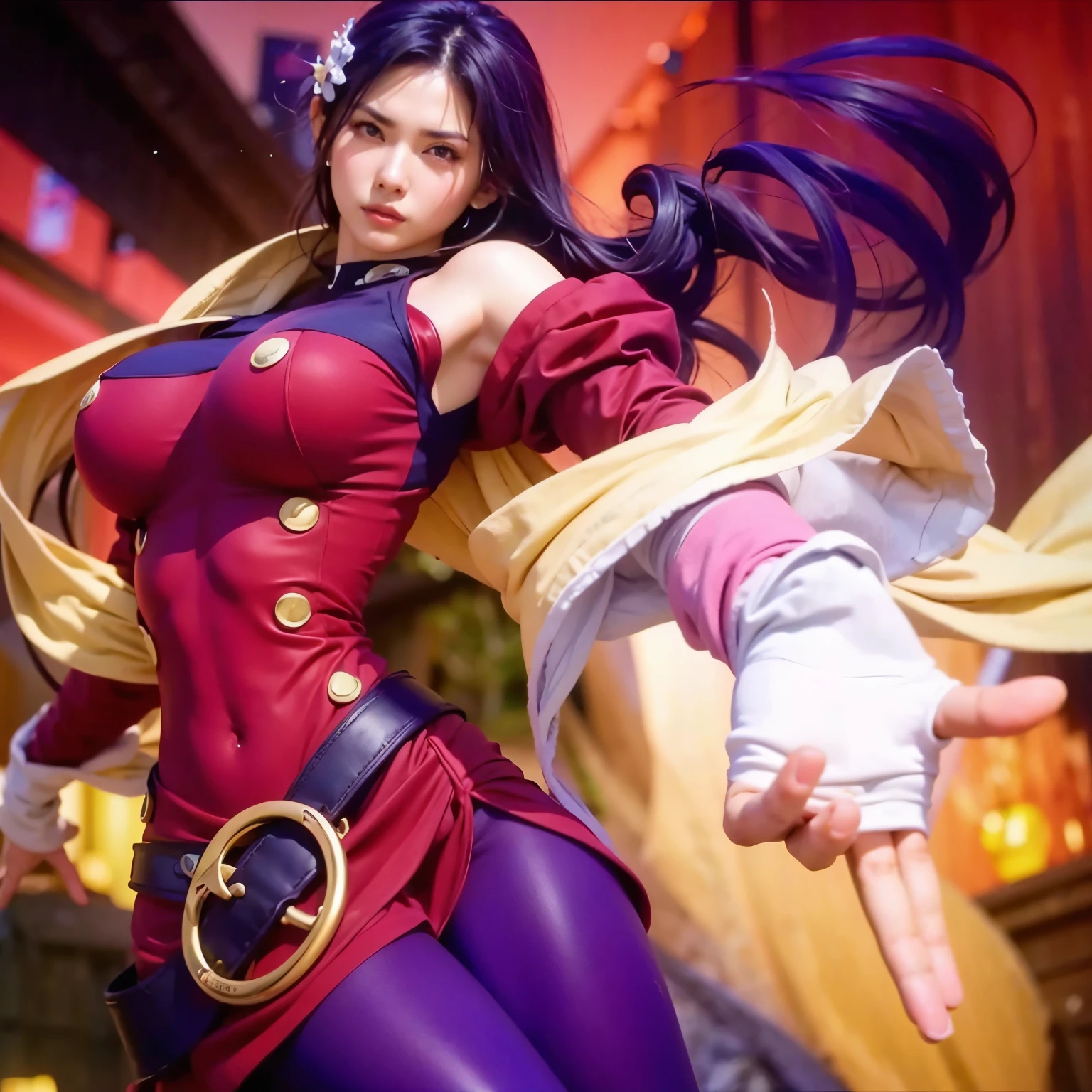 Masterpiece, extra detailed, pretty girl, busty slim firm body, purple hair, long tendril