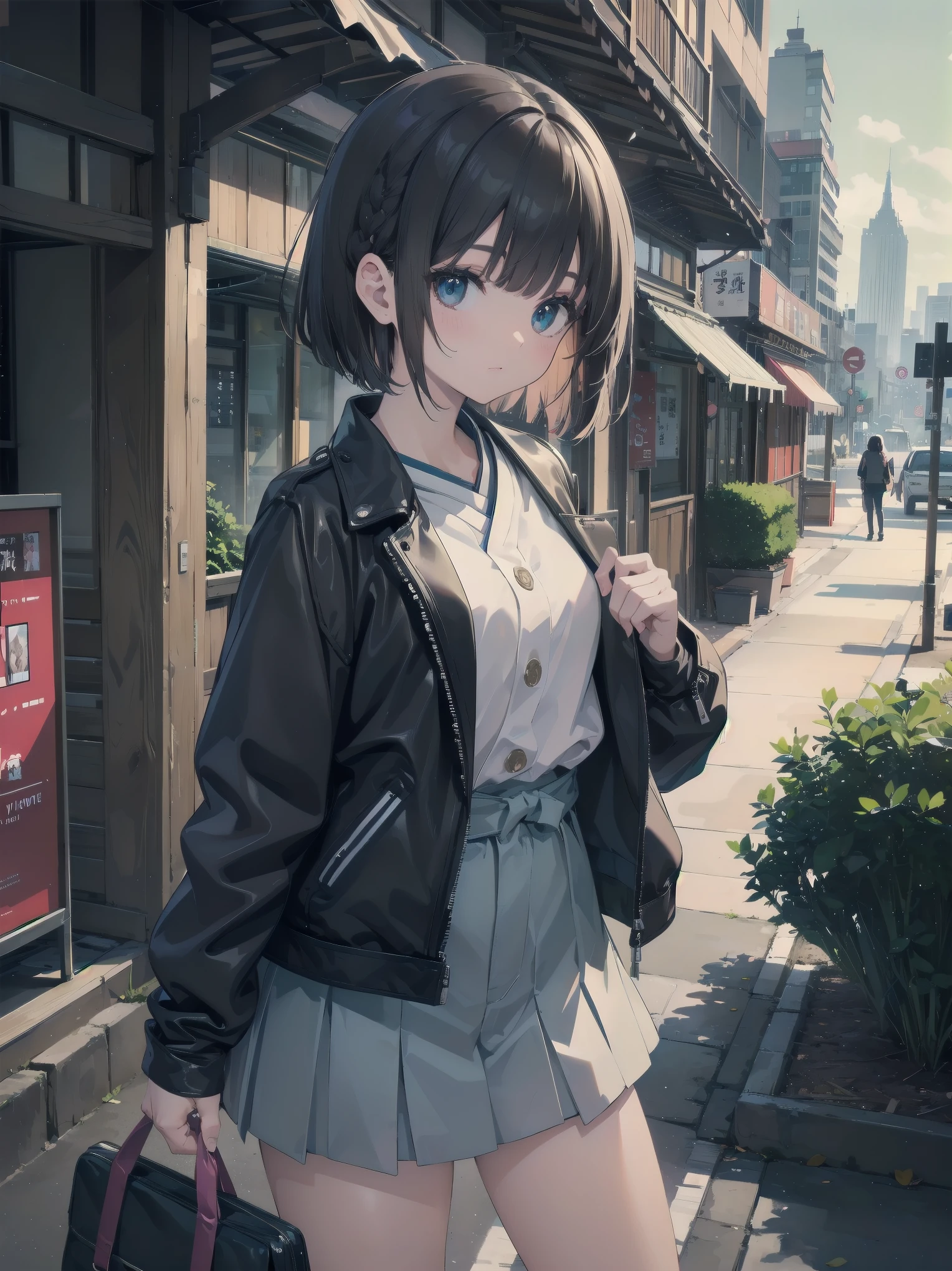 (((city:1.3, outdoor, Photographed from the front))), ((bob cut、braid、ribbon:1.3, leather jacket,brand clothes, japanese woman, cute)), (clean, natural makeup), (highest quality, masterpiece:1.3, 超High resolution), (Super detailed, caustics), (realistic:1.4, RAW shooting), very detailed, High resolution, 16K resolution