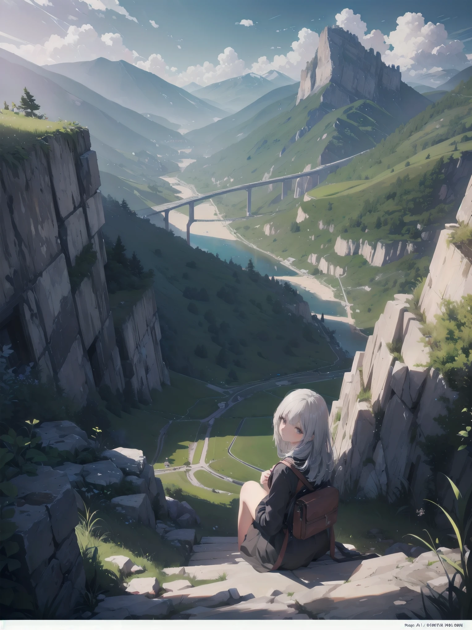 Super detailed illustrations , finely, quality, (masterpiece:1.2) , (photo realistic:1.2) , (best quality) , (fine skin:1.3) , (intricate details) , ray tracing, dramatic, pretty girl, A brave traveler was navigating a winding mountain road., She marveled at the breathtaking views of the valley below..