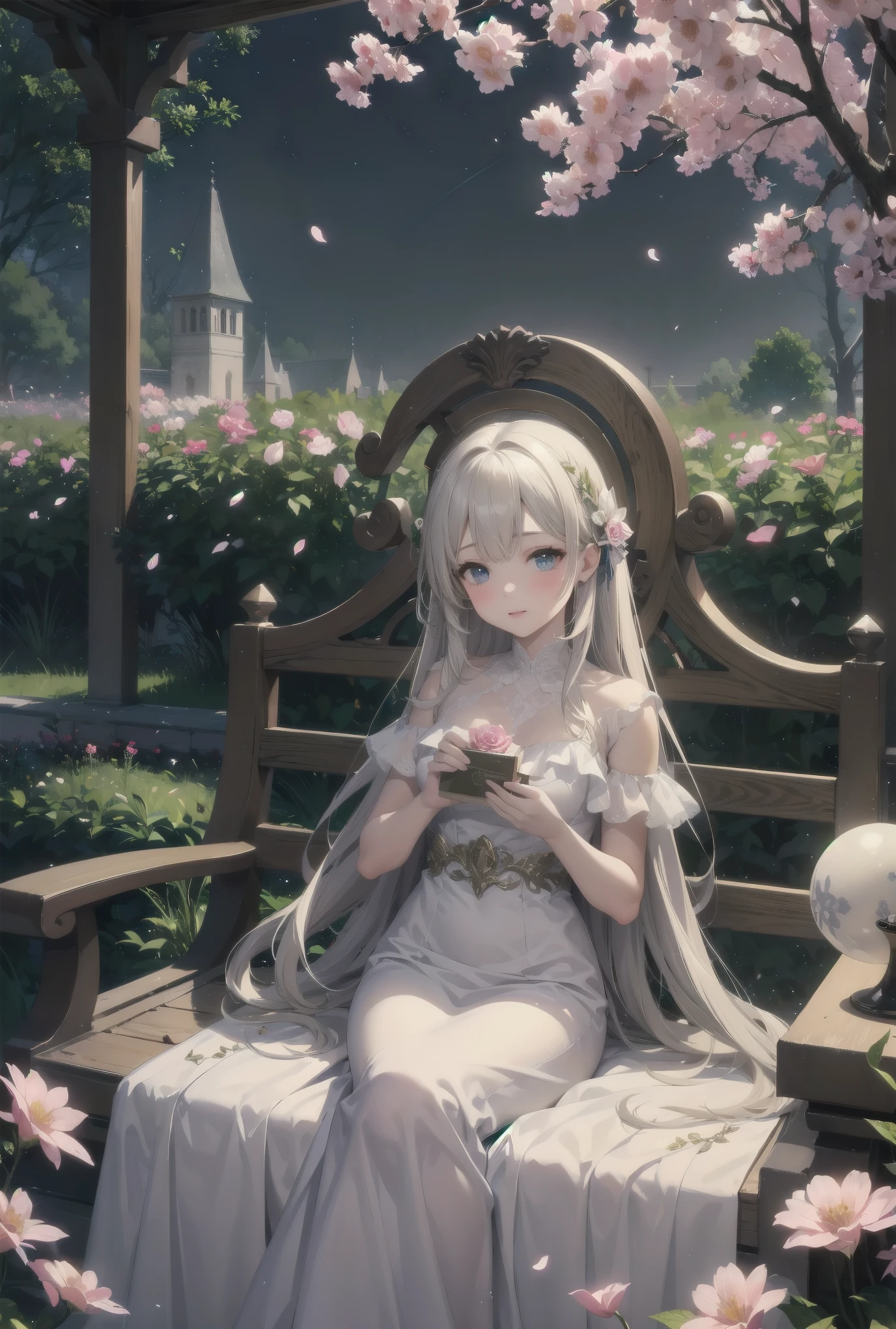 "Bathed in the soft glow of luminescent flowers, a young girl wearing a voluminous white gown adorned with layers of frilly lace sits on a marble bench in a serene garden. The air is filled with tiny, glowing orbs that reflect off the petals of the flowers and the fabric of her dress, giving the impression of a dreamlike fairytale setting. A sense of tranquility permeates the scene, emphasizing the peaceful nature of this celestial paradise."