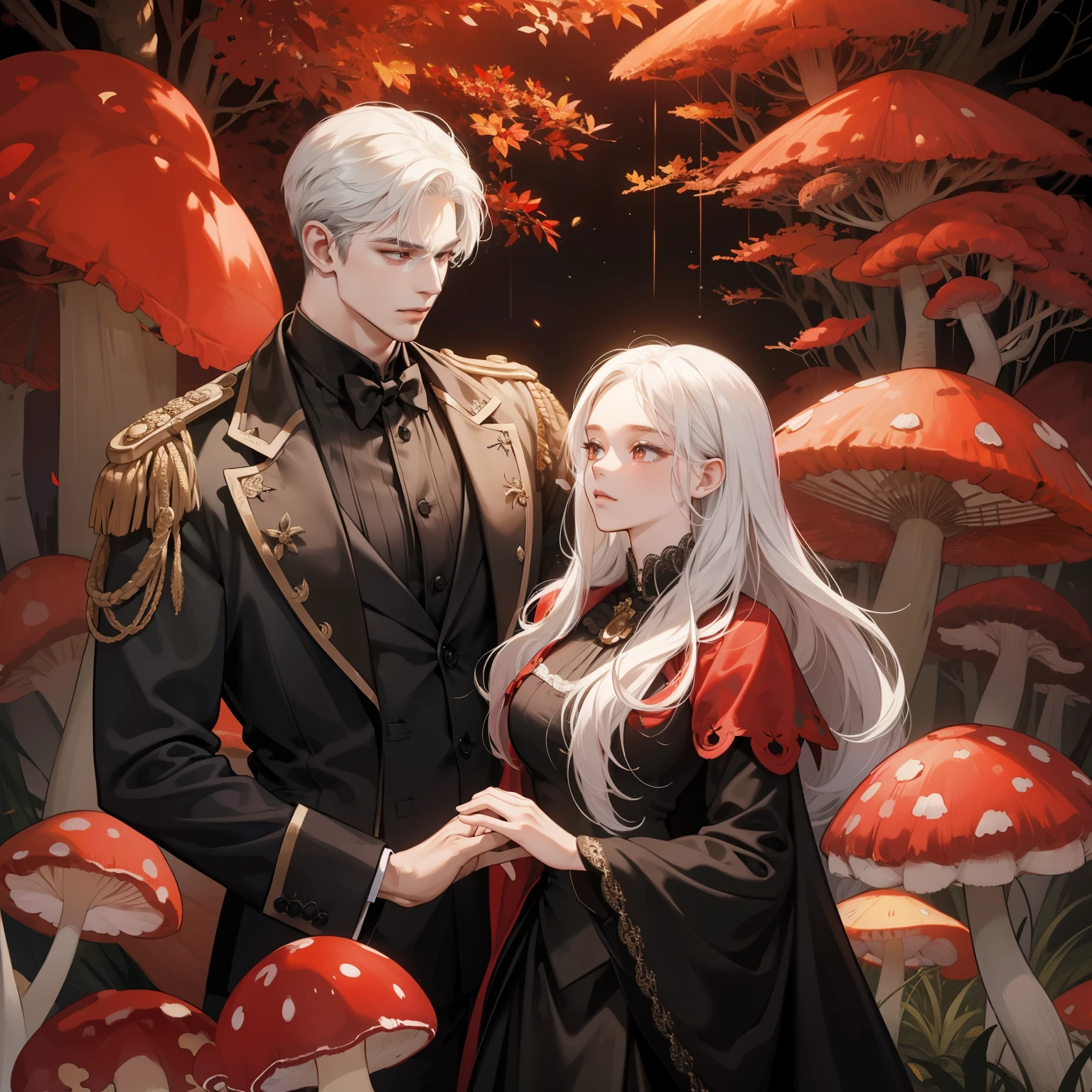 A girl with long, white hair cascading down her shoulders, adorned in a black velvet dress that hugged her curves, stands next to her red-haired boyfriend. He exudes an air of sophistication in his tailored black suit, complete with a shiny black bow tie. In the background, a scene of grandeur unfolds as a multitude of full, red mushrooms grow majestically from the forest floor, their caps golden and glowing in the dim light. The autumnal ambiance is further accentuated by the rich, earthy tones of the forest, creating a surreal and magical atmosphere around the couple. The setting is presented in ultra-high definition, with every detail of the