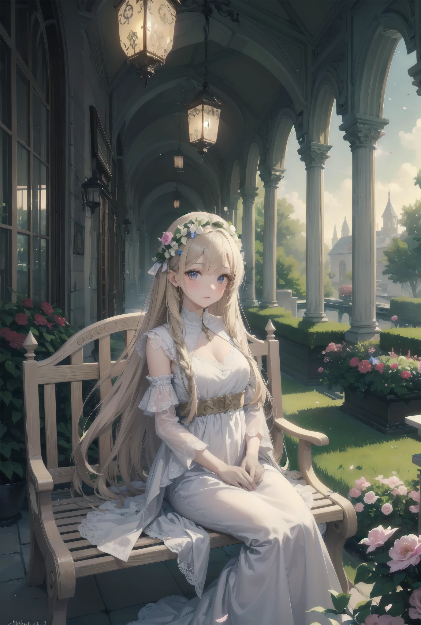 "Bathed in the soft glow of luminescent flowers, a young girl wearing a voluminous white gown adorned with layers of frilly lace sits on a marble bench in a serene garden. The air is filled with tiny, glowing orbs that reflect off the petals of the flowers and the fabric of her dress, giving the impression of a dreamlike fairytale setting. A sense of tranquility permeates the scene, emphasizing the peaceful nature of this celestial paradise."
