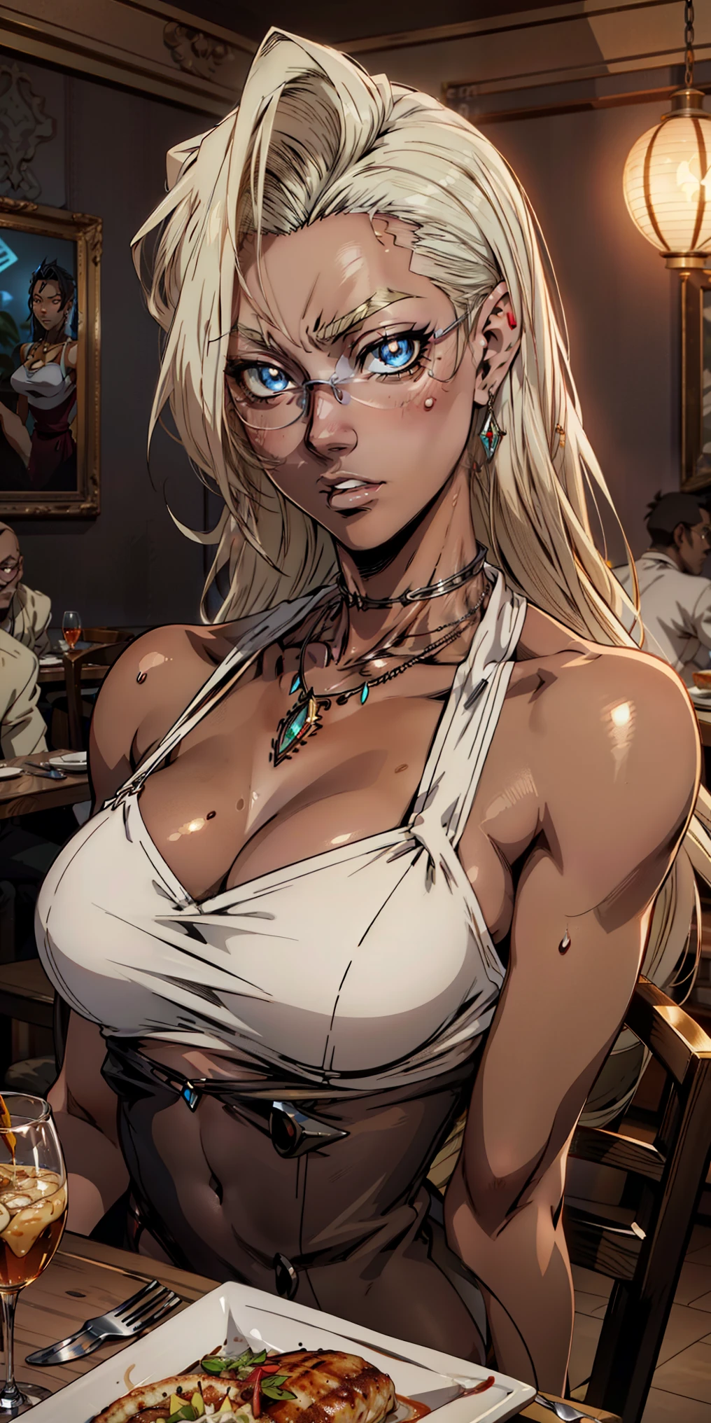 Anime style, Painting, absurderes、perfect anatomia、integra, integra hellsin, necklace, jewelry, restaurant scene, Masterpiece, RAW Photography, 8k, Top Quality, Fine Pore, Photorealistic, Ultra Detailed, (high skin detail:1.2),Extremely detailed,Intricate, sharp-focus, tanned skin, flat chest