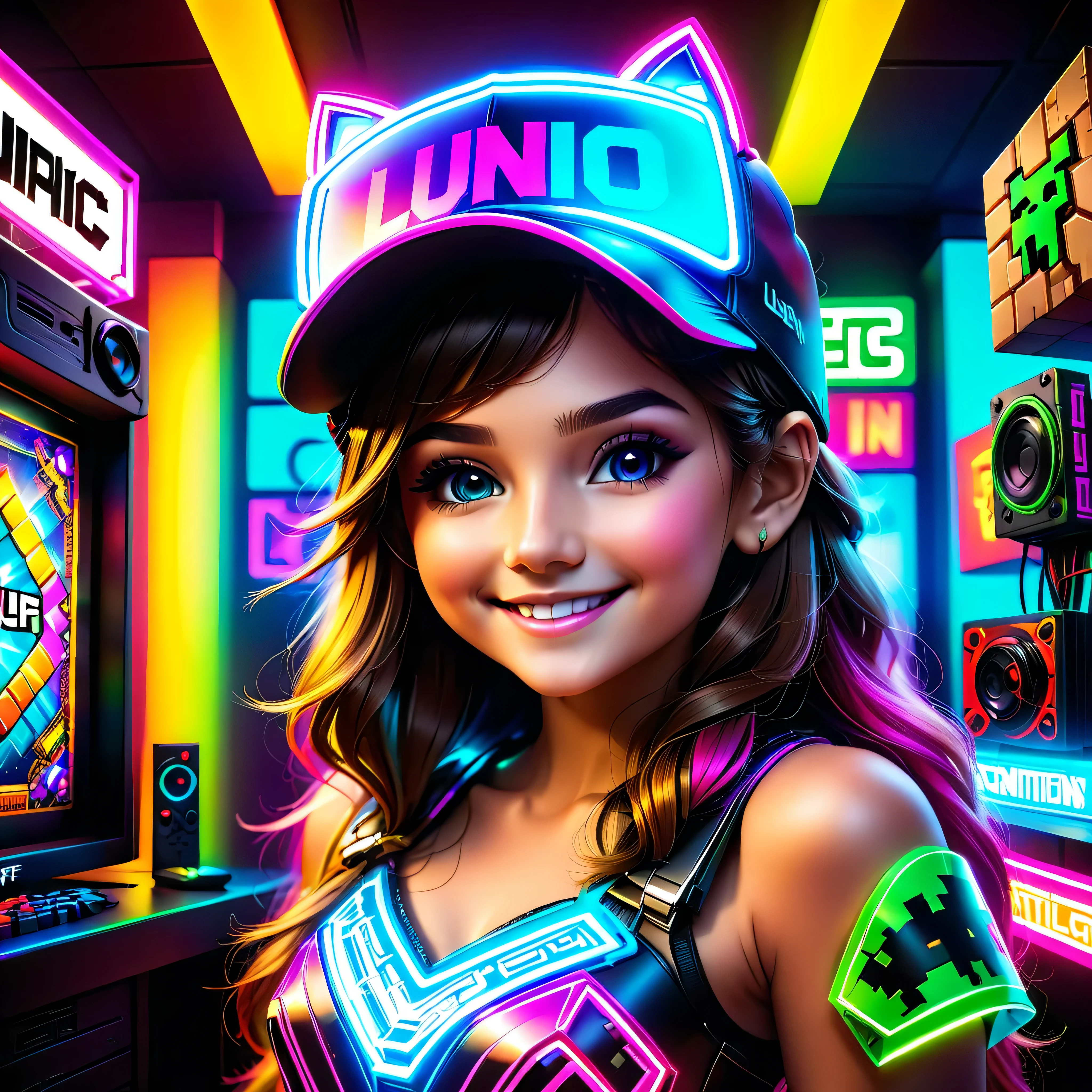 Magazine cover, iluminacion de neon ,epic gorgeous, ultra high resolution image. The image must be super original and complex..., con una variedad de colores hermosos y vibrantes luces con letras de luces de neon colores vibrantes., Ultra_high-quality and ultra_High-definition),,obra maestra, ((beautiful 14 year old playing video games on a latest generation PC smiling and having fun, gorra en la cabeza;1,3)),(( jugador, in a room with many intricate decorations, pose dinamica,(Creeper minicraft character dolls:1.4), publicaciones que hacen minecraft))), saturate, reflection, varied multi etc. --v 6 --s 1000 --c 20 --q5 --chaos 100