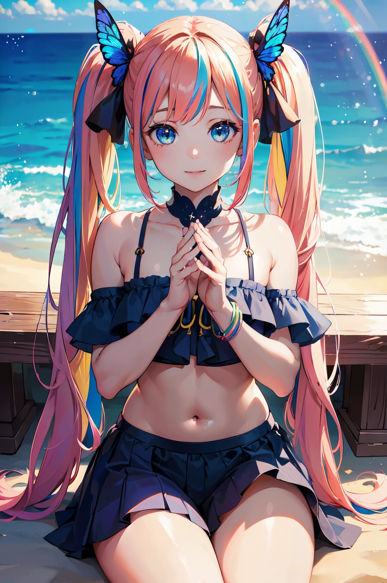 (table top:1.3), (8K, realistic, Raw photo, highest quality: 1.4), beautiful face, (realistic face), detailed and beautiful eyes, (realistic skin), Charm, intricate details,golden ratio, 1 girl,naughty smile, (rainbow hair:1.4),((long twin tails,Ribbon 1.4)),(blue butterfly hair ornament),wearing a bikini,1 girl in, sitting on the beach. Her hands are placed on the sand, and、Her knees are close to each other. front view, Highlight your thick thighs. That scene is、、Enhanced by particles of light and rays