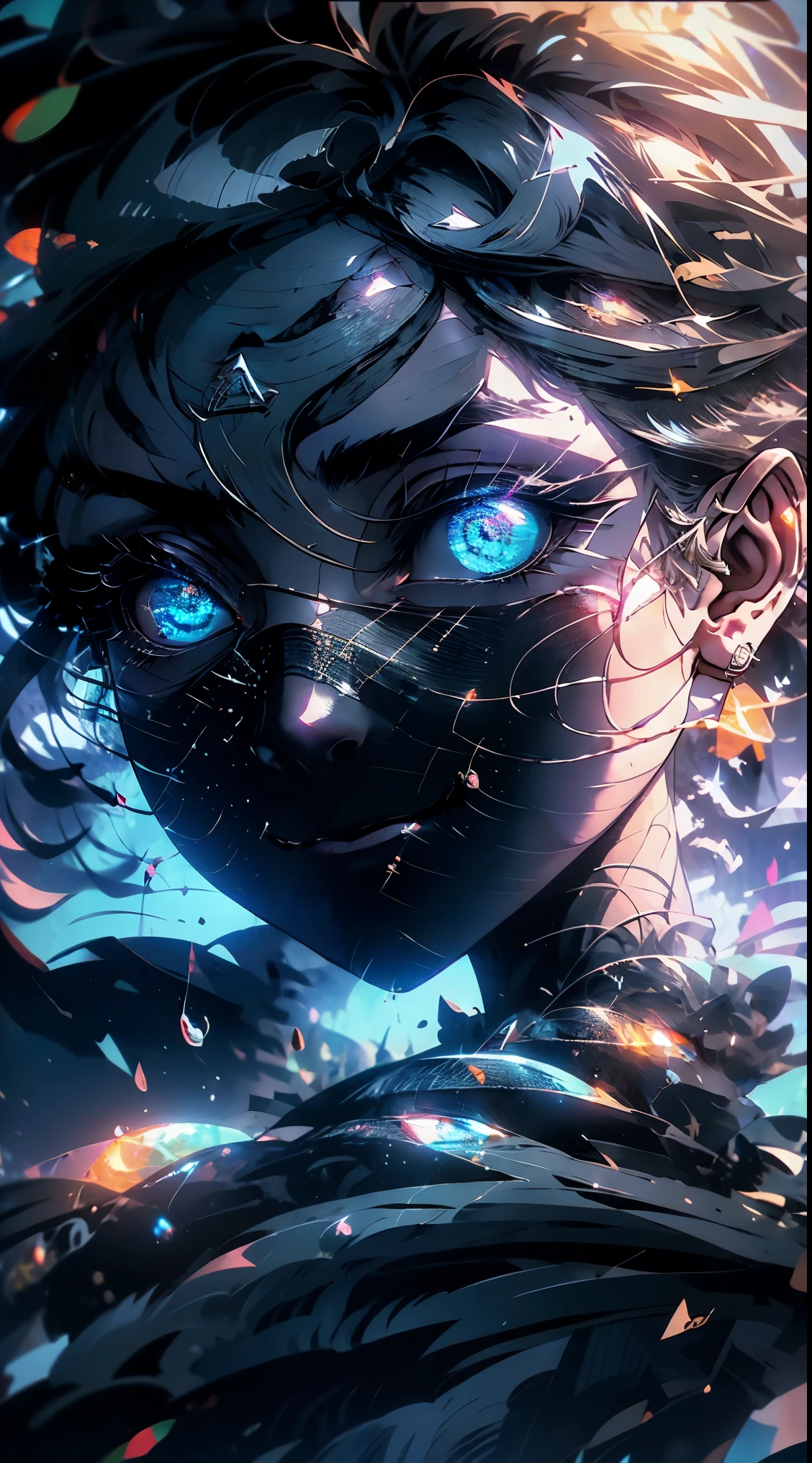 obra maestra, Mejor calidad, obra maestra, calidad divina, arte divino, Cara muy detallada, Muy realista, de cerca, solo cara, lindo, ojos grandes, long eyelashes, neon hair, neon lighting, neon eyes, neon sun, neon moon, neon theme, cielo estrellado, estrellas en el fondo, halo brillante,