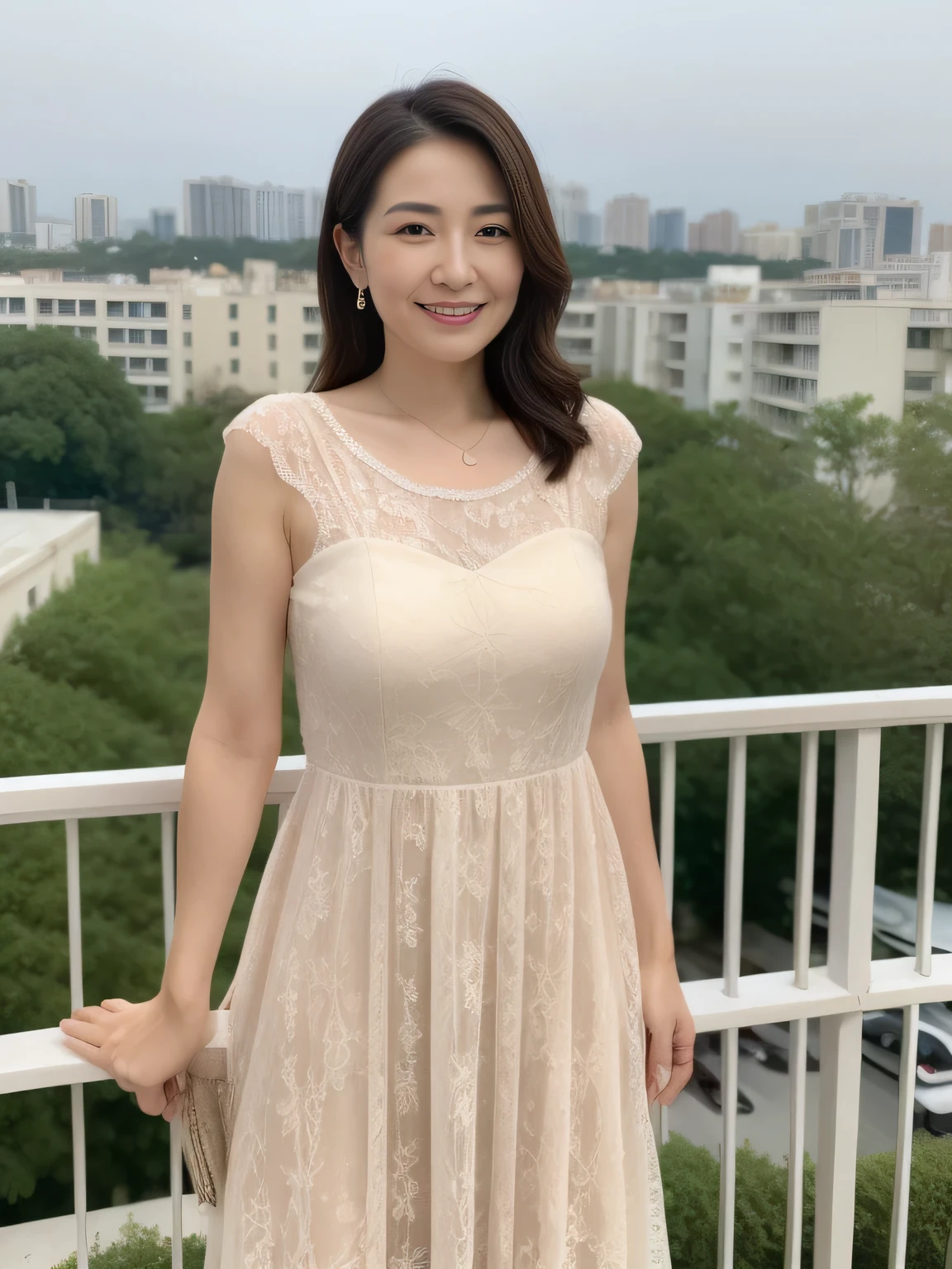 NSFW, ((highest quality)), ((8K)), ((masterpiece:1.3)), (get used to it), ((A woman standing on a wooden balcony overlooking fresh greenery)), (one japanese woman), (perfect look), (47 years old), (married woman), Wedding ring on the left ring finger, (facial wrinkles:1.2), (wrinkles around the eyes:0.8), (tear bags around the eyes), (double eyelid), I have a small mole under my left eye that looks like it's crying.., (lace dress), (sheer dress), (pleated long dress), (A dress with long hair blowing in the wind), (calm expression), (wearing high heels),