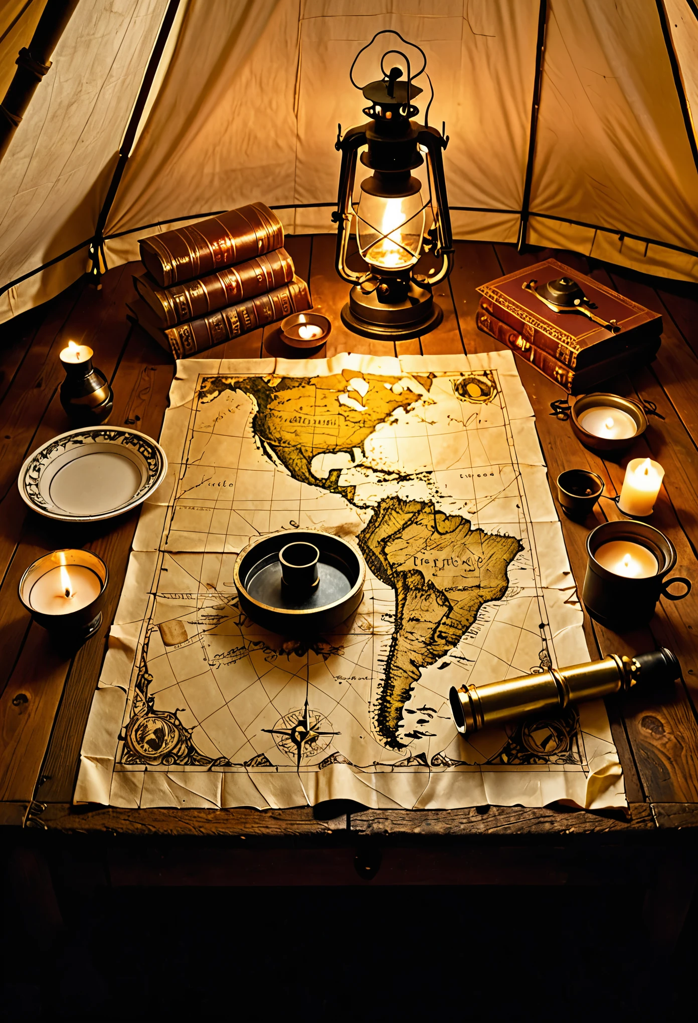Style: Semi-realistic Setting: Top-down view inside a dimly lit sandy tent, with the focus on the center of the scene. Lighting: The only light source is an old oil lamp casting a warm glow, concentrated directly on a central area of the table. Centerpiece: A worn wooden table with visible scratches and nicks. A large, unfolded map dominates the table surface, but it's slightly blurred or pushed to the side to create a clear space in the center. A compass and other explorer items (binoculars, magnifying glass) are scattered around the table, but positioned to frame and not obscure the central area. Main Focus: A single, aged piece of parchment paper lies prominently in the center of the table, illuminated directly by the oil lamp. This paper should be the focal point and should take up majority of the image. The edges of the paper can be slightly tattered or curled, hinting at its age and potential importance. Time Period: Early 1900s Overall Tone: The scene should evoke a sense of anticipation and intrigue, drawing the viewer's eye directly to the blank announcement paper. The explorer's tools and map surrounding the paper can add a touch of historical context and a sense of discovery.