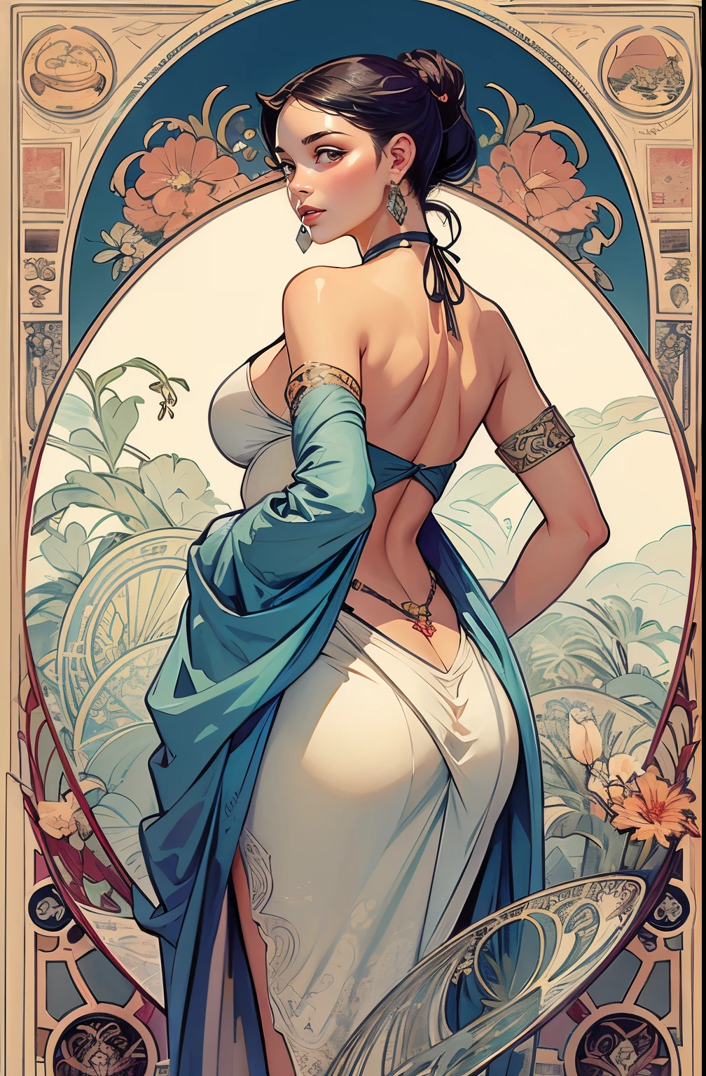 (best quality,4K,8K,High resolution,masterpiece:1.2),super detailed,actual:1.37,girl,((masterpiece)), (best quality), (Work), Art Nouveau watercolor painting , moon goddess , big breasts，robe，thong，show your neck，bare shoulders，show navel，Camel toe exposed，big eyes, long, thick eyelashes, plump lips, dark red eyes, hair long and thick, high ponytail, chubby, flowery_background, Intricate designs and patterns in the style of Alphonse Mucha.from behind