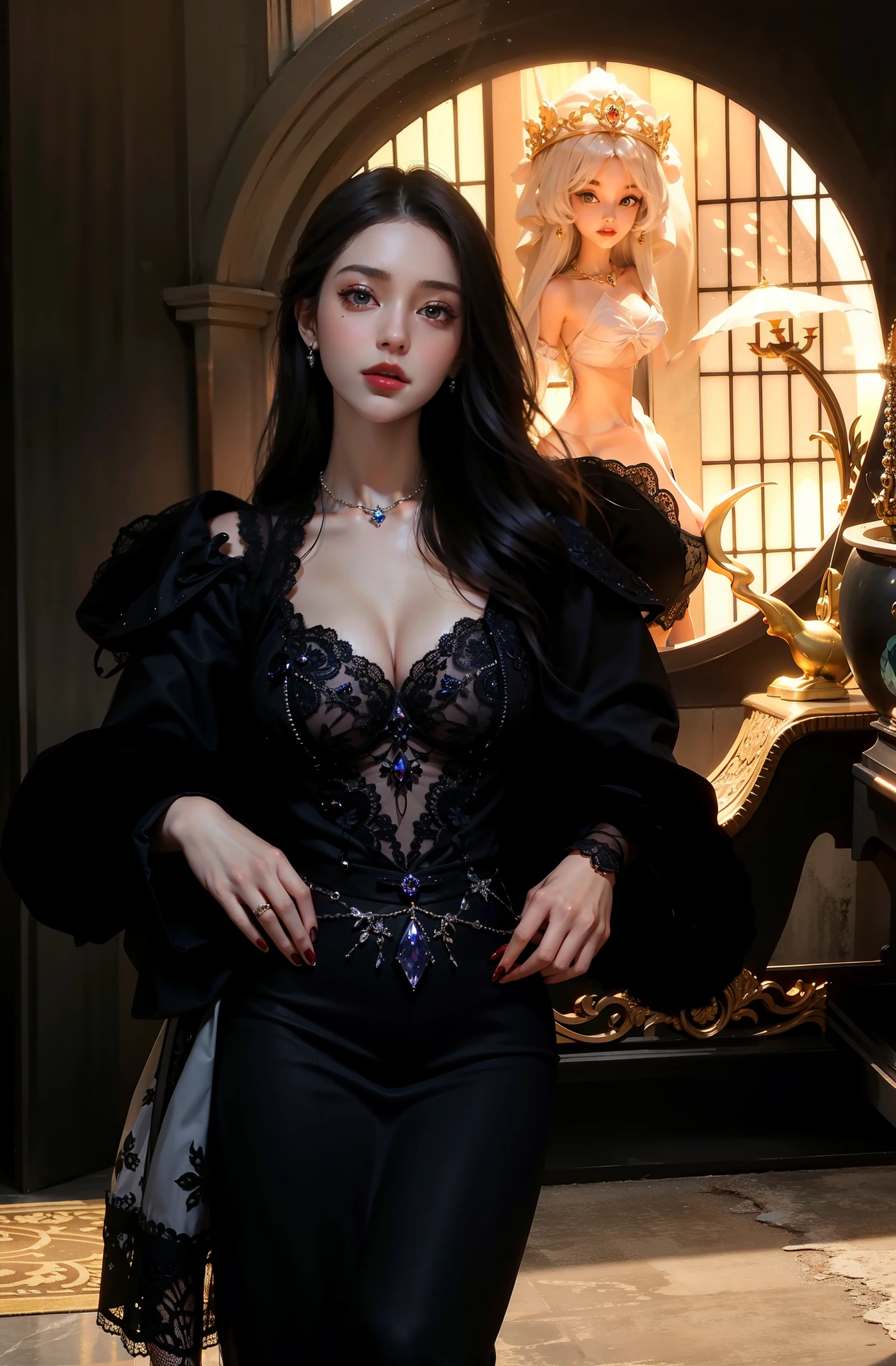 Royal sister，exquisite eyes，Detailed facial expressions body，tall figure，Leg length，4K，HD，translucent lace，Fair and plump figure，pretty face，Little cherry mouth，beautiful and delicious（3D royal sister），exquisite dress，Wear crystal jewelry，Gorgeous Sapphire Crystal Diamond Pearl Gown，Goddess of mythology，luxury，Photo quality，High quality facial details，High-end aesthetics，luxury，gothic style，neat fingers(Wearing red nail polish)