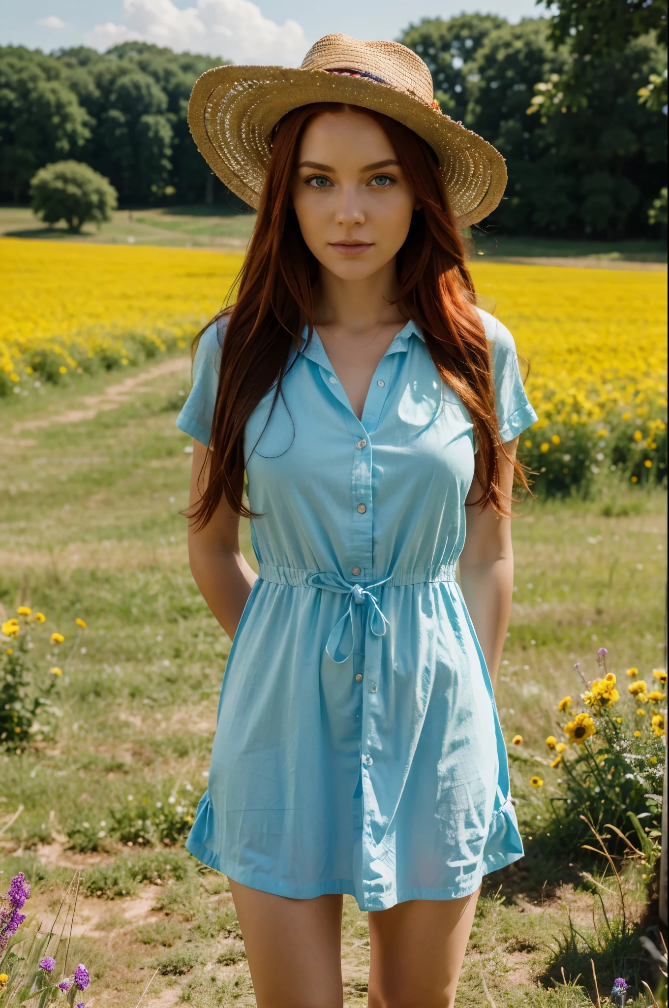 professional photo of a beautiful woman, bright red hair, bright blue eyes, full body, dressed in a hippie like dress, wearing a hat, standing in a field full of flowers, raw photo, highly detailed, ultra hd, 8k