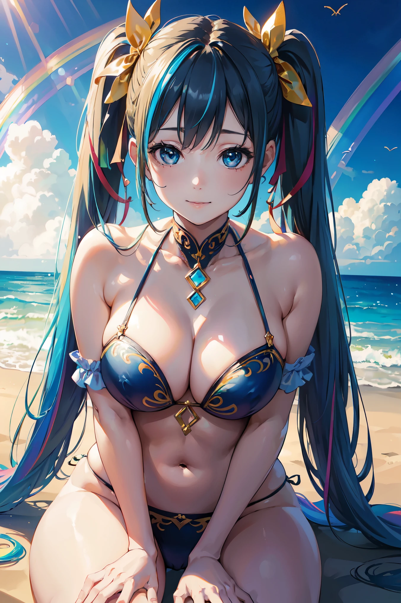 (table top:1.3), (8K, realistic, Raw photo, highest quality: 1.4), beautiful face, (realistic face), detailed and beautiful eyes, (realistic skin), Charm, intricate details,golden ratio, 1 girl,naughty smile, (rainbow hair:1.4),((long twin tails,Ribbon 1.4)),(blue butterfly hair ornament),wearing a bikini,1 girl in, sitting on the beach. Her hands are placed on the sand, and、Her knees are close to each other. front view, Highlight your thick thighs. That scene is、、Enhanced by particles of light and rays