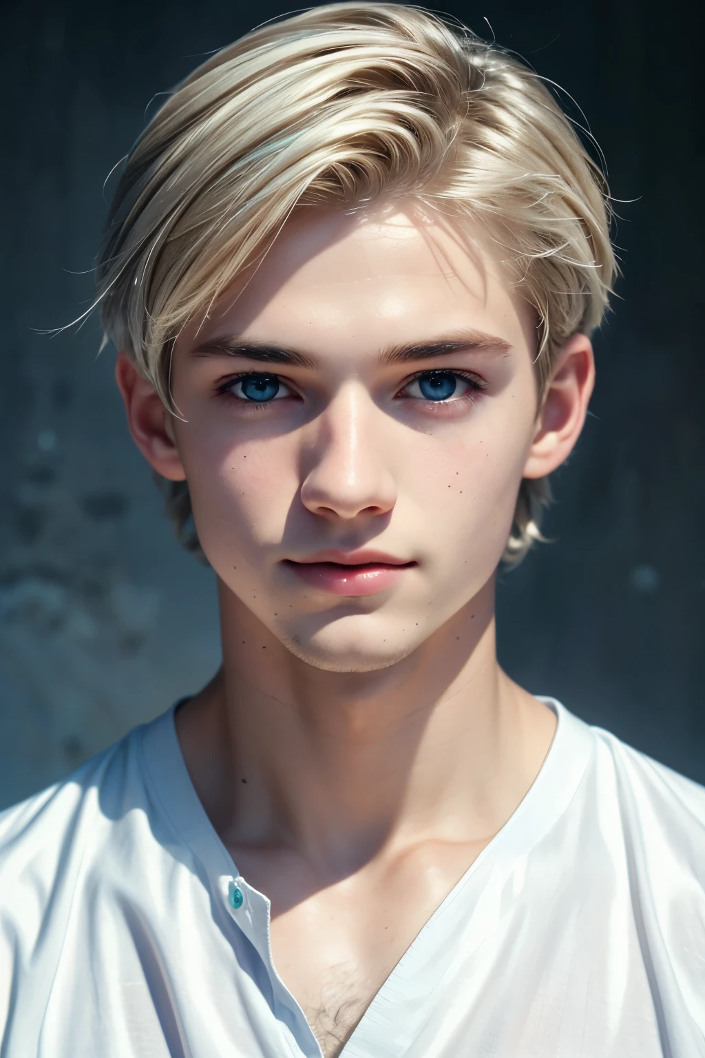 Best Image Quality, 4K, masterpiece, age male, White and soft skin, blonde with floppy short hair, Blue eyes, green and slightly ripe, cute and soft, young, pious eyes, exquisite hair, look at the lens, focus on the face, smile, Delicate facial features, Front lighting, front light source, portrait painting, facial enlargement, face close up, above shoulder, nice feeling, great pose for capturing the eye, portrait painting effect, blue sky and white clouds, roses