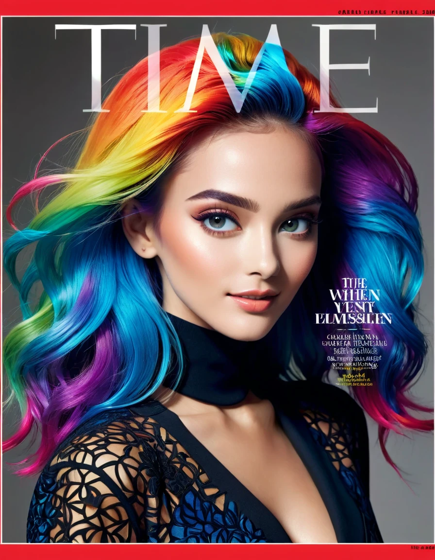 Magazine Cover, aesthetic, time magazine, (a girl with) vibrant colorful hair, striking pose, stylish clothes, confident smile, dynamic background, (high fashion),(realistic),(studio lighting), (best quality,4k,highres), (portrait), (best quality,4k,8k,highres,masterpiece:1.2),ultra-detailed,(realistic,photorealistic,photo-realistic:1.37), glossy finish, vibrant colors, captivating design, professional models, iconic logo, striking typography, dynamic layout, eye-catching headlines, fashion-forward, cutting-edge style, innovative concepts, influential personalities, trendsetting fashion, in-depth articles, thought-provoking content, modern lifestyle, cultural impact, timeless appeal, stylish accessories, glamorous photo shoots, international appeal, diverse perspectives, high-fashion editorials, exclusive interviews, top-notch journalism, exquisite craftsmanship, visual storytelling, captivating cover story, captivating imagery, iconic fashion brands, avant-garde makeup, luxurious fabrics, elegant patterns, high-quality printing, sophisticated layout, trend forecasting, inspiring visuals, stunning art direction, must-read issue.