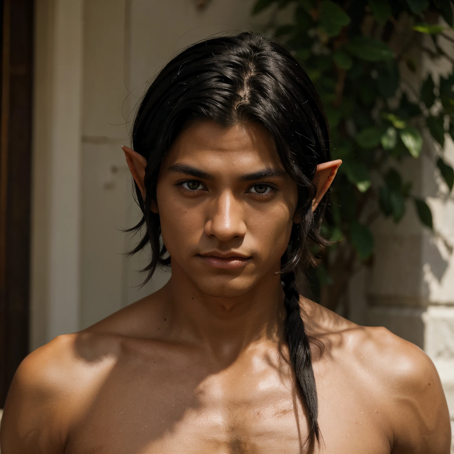 Half-elf man black hair red eyes tanned skin 