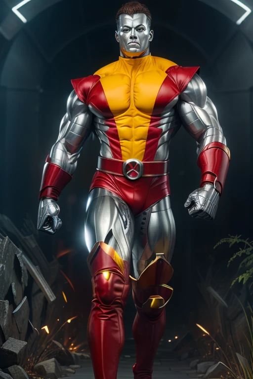 (masterpiece, best quality:1.2), (1man realistic, solo), (realistic colossus (x-men)), (((face colosus steel metal skin))), ((head metal steel)), (((no face texture human skin))), body steel skin, ((uniform colossus red and yellow)), red breeches, (red boots and gauntleds), (standing), plain gray background, masterpiece, HD high quality, 8K ultra high definition, ultra definition,