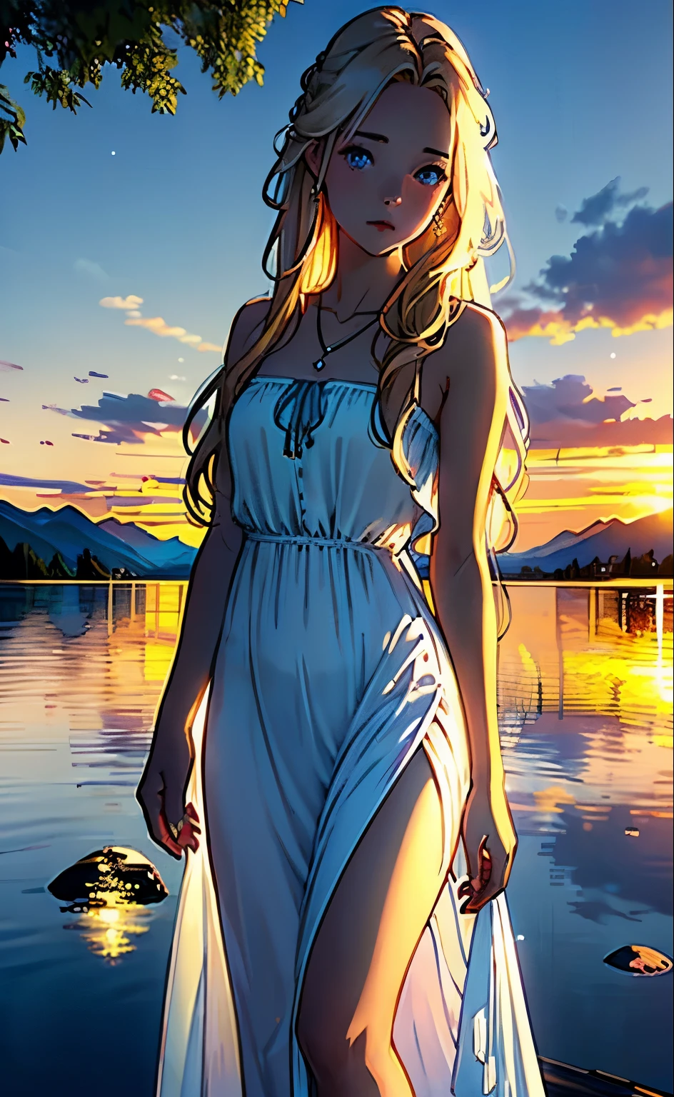 1 girl, calm facial expression, Mesmerizing eyes, straight long hair, flowy dress, balanced posture, porcelain skin, subtle blush, crystal pendant BREAK golden hour, (rim lighting):1.2, warm colors, solar flare, soft shadows, bright colors, scenic effect, dreamy atmosphere BREAK picturesque lake, distant mountains, willow, calm water, reflection, sunny clouds, peaceful atmosphere, An idyllic sunset, ultra detailed, official art, unity 8k wallpaper
, confused, mandala