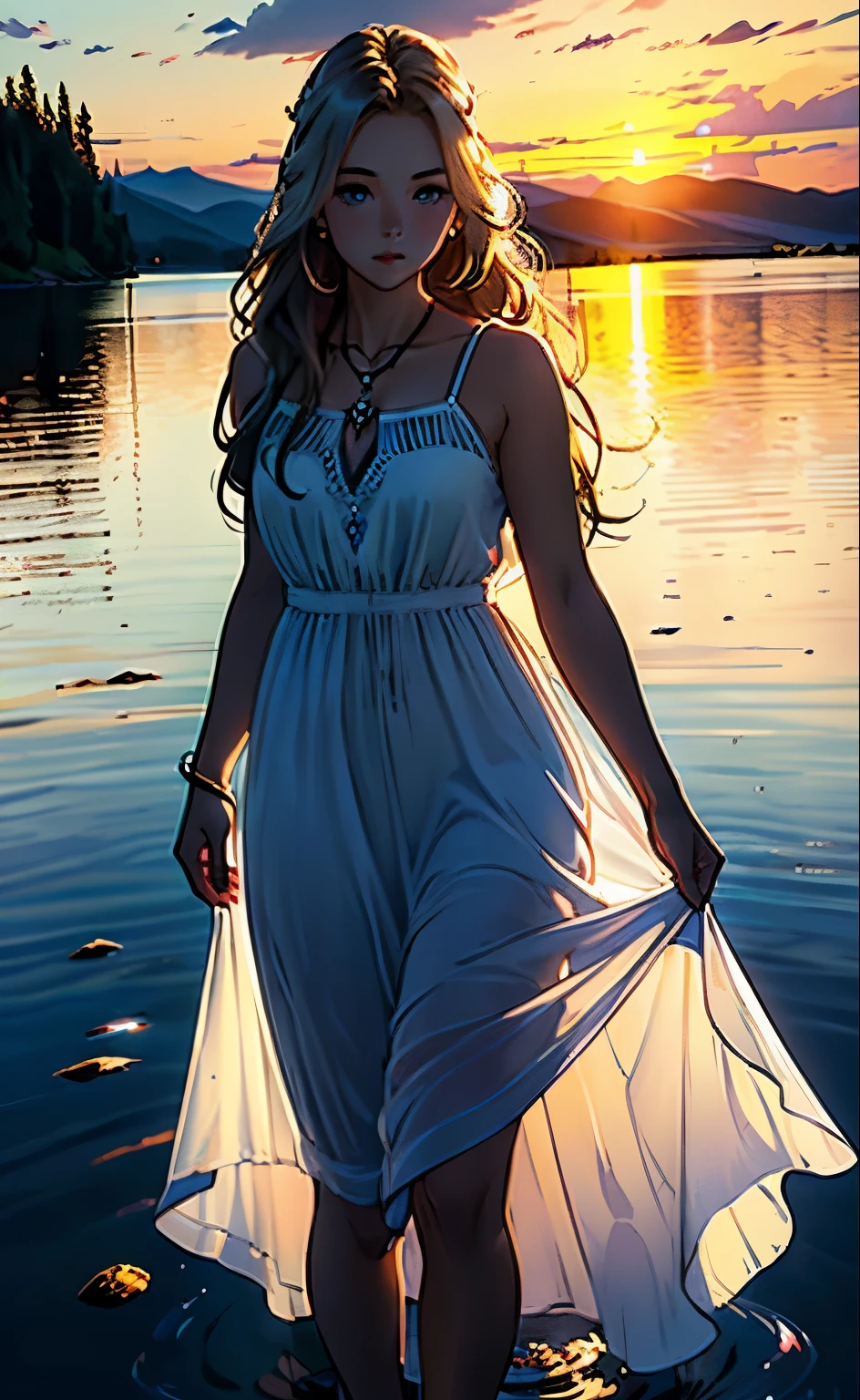 1 girl, calm facial expression, Mesmerizing eyes, straight long hair, flowy dress, balanced posture, porcelain skin, subtle blush, crystal pendant BREAK golden hour, (rim lighting):1.2, warm colors, solar flare, soft shadows, bright colors, scenic effect, dreamy atmosphere BREAK picturesque lake, distant mountains, willow, calm water, reflection, sunny clouds, peaceful atmosphere, An idyllic sunset, ultra detailed, official art, unity 8k wallpaper
, confused, mandala