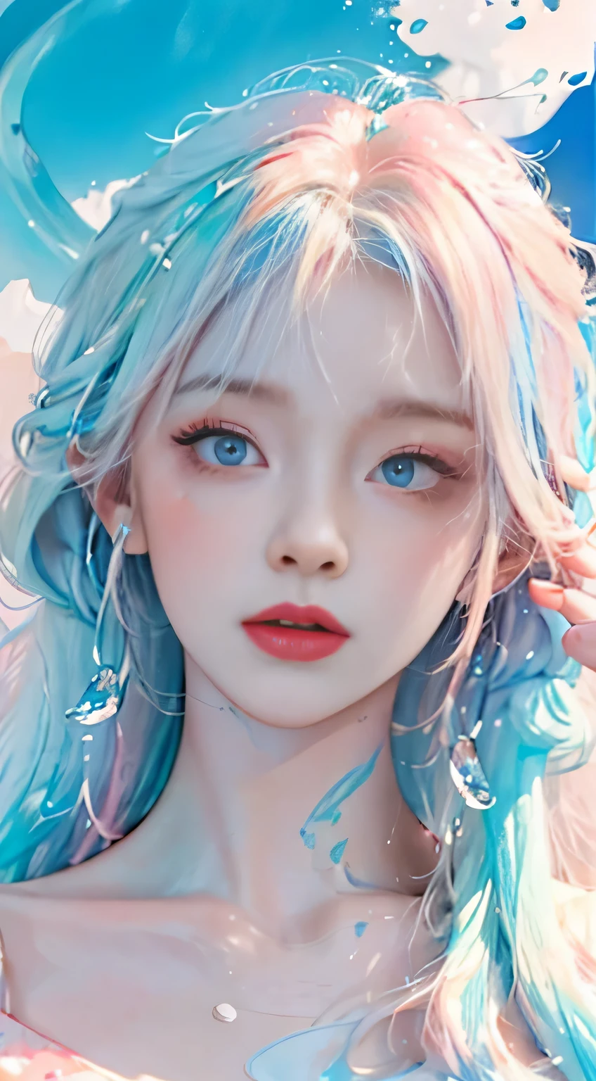 (masterpiece, best quality, High resolution), White background, acrylic paint, ((color splash, Splash ink, color splash)), sweet chinese girl, Long light blue hair, [light blue|Pink] hair, Curly hair, flash, peach lips, White shirt, front, Upper body