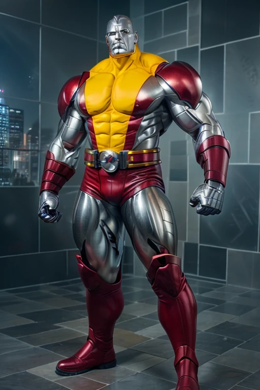 (masterpiece, best quality:1.2), (1man realistic, solo), (realistic colossus (x-men)), (((face colosus steel metal skin))), ((head metal steel)), (((no face texture human skin))), body steel skin, ((uniform colossus red and yellow)), red breeches, (red boots and gauntleds), (standing), plain gray background, masterpiece, HD high quality, 8K ultra high definition, ultra definition