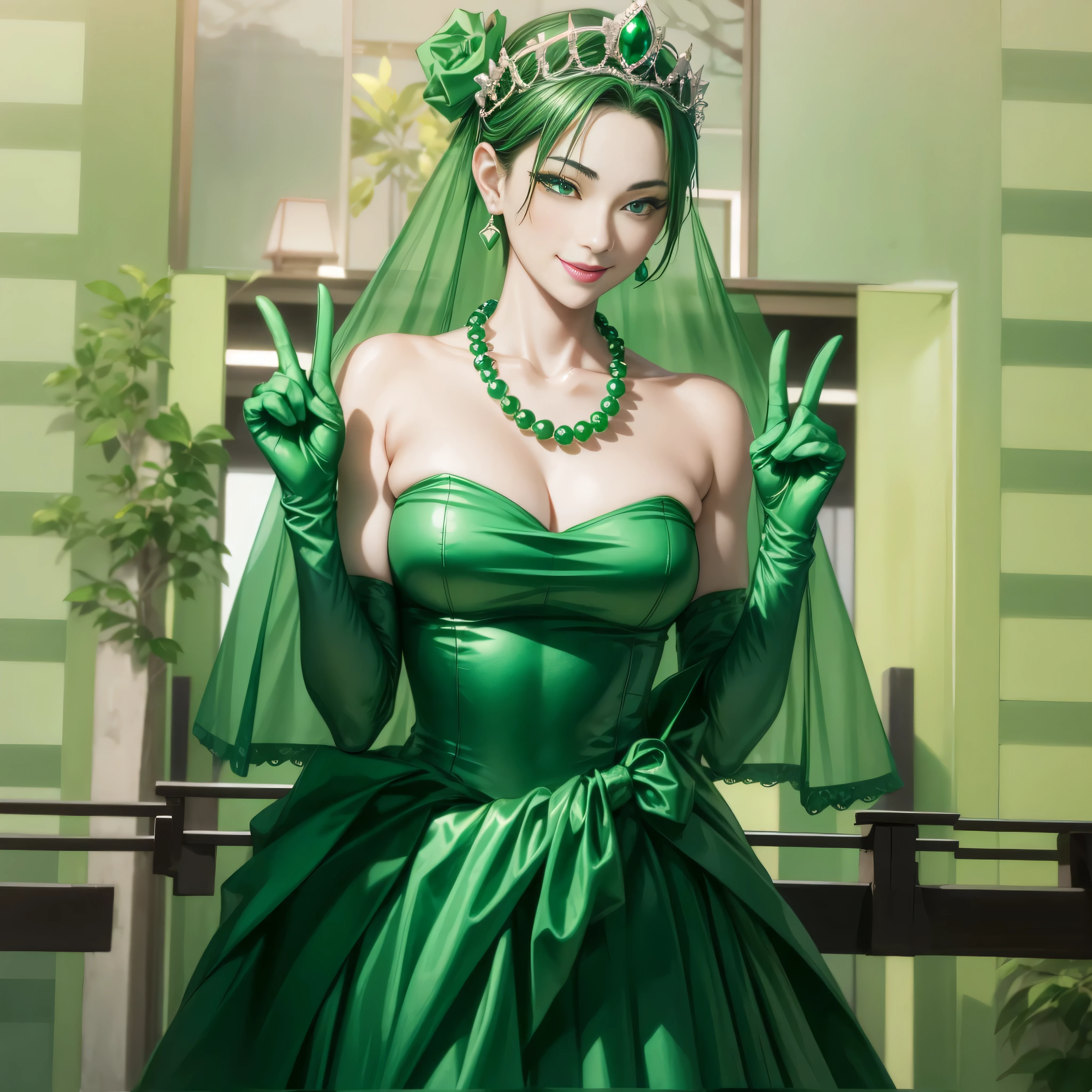 Beautiful Japan woman in her 30s, finger details, beautiful hands,emerald tiara, green pearl necklace, Boyish green berry short hair, lipstick, smiling Japanese woman, very short hair, big breasts beautiful, green eyes, green satin long gloves, green eyes, emerald earrings, green veil, V sign